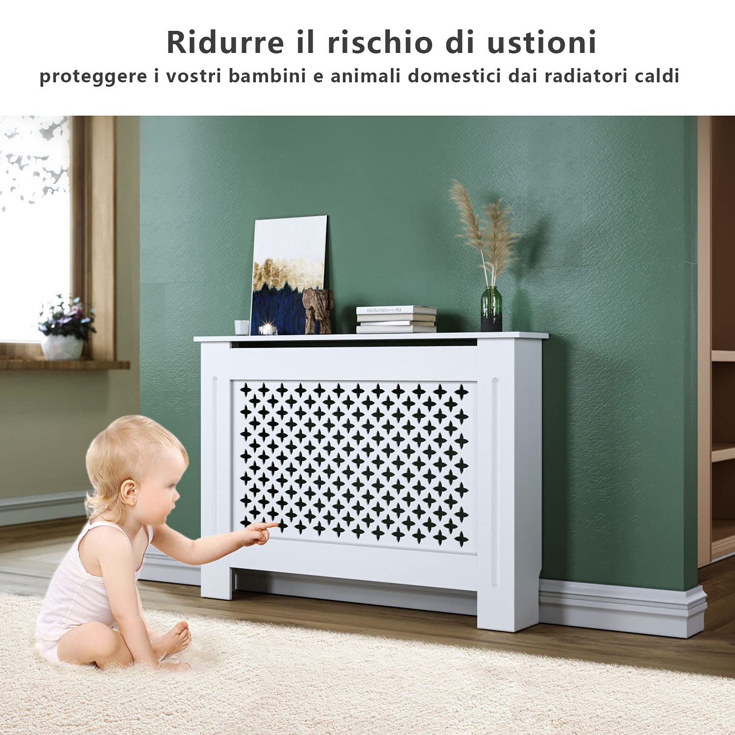 SONNI Copertura per Radiatore, 78x19x81.5 cm Classico e Moderno per Copritermosifone, Copertura Termosifone Grande a Doghe Romboidali Laccati Bianchi