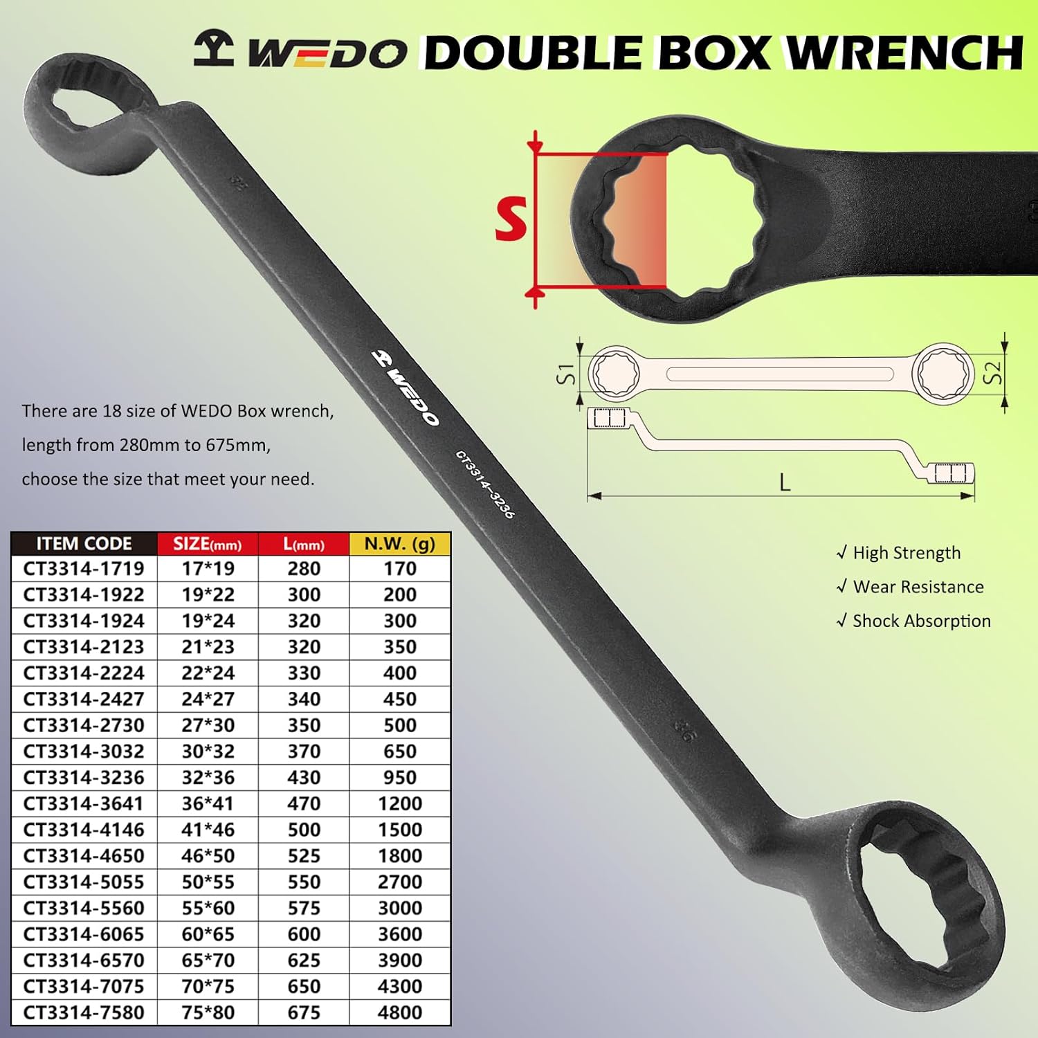 WEDO 75-Degree Deep Offset Double Box End Wrench,Black-spray on surface, 41x46mm, Length 500mm,One-time Die-forged, Wear Resistance, High Strength, 40CR, DIN Standard