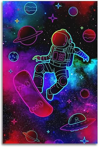 HEIMAO Póster de arte espacial vintage de estética de habitación, póster de astronauta monopatín, pintura decorativa, lienzo, pósteres de pared e