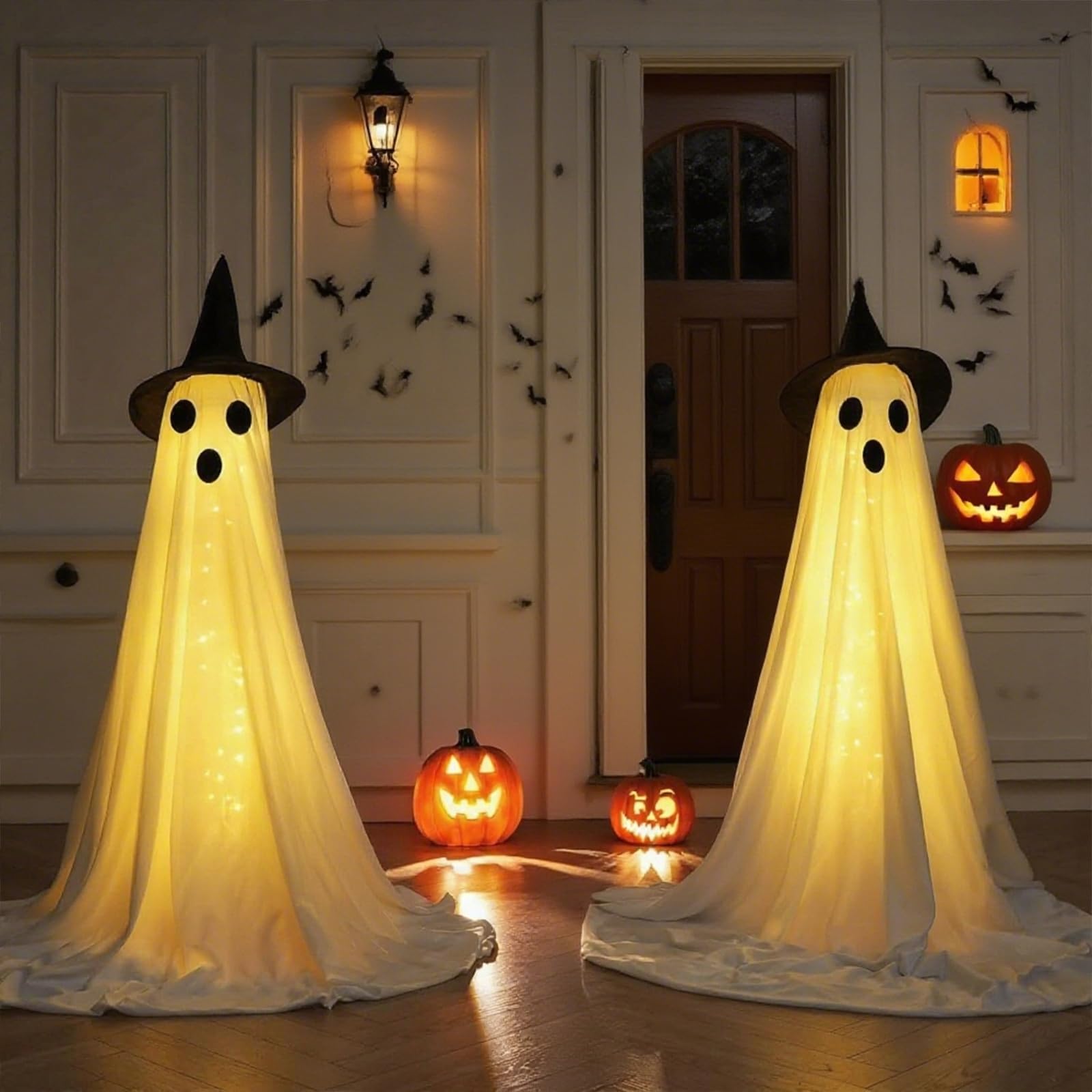 2PCS Sparkling Spooky Ghost Halloween Decorations, Large Standing Outdoor Light up Ghost Decor with Remote for Home, Yard, Porch