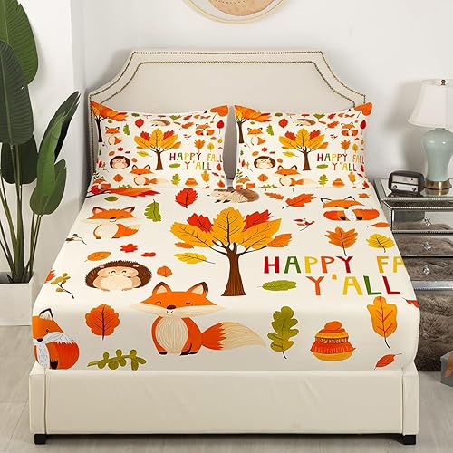 Miniatura 7 de Erosebridal Sábana bajera ajustable de otoño de Acción de Gracias, diseño de calabaza, girasol, otoño, tamaño individual, rústico, a cuadros, juego