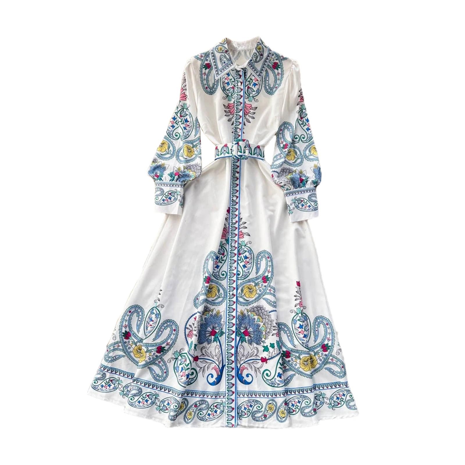 Vestido De Fiesta Estampado Vintage para Mujer, Vestido De Cintura Alta con Botones, Vestidos Elegantes De Manga Larga, Vestido Camisero Ajustado De Corte A