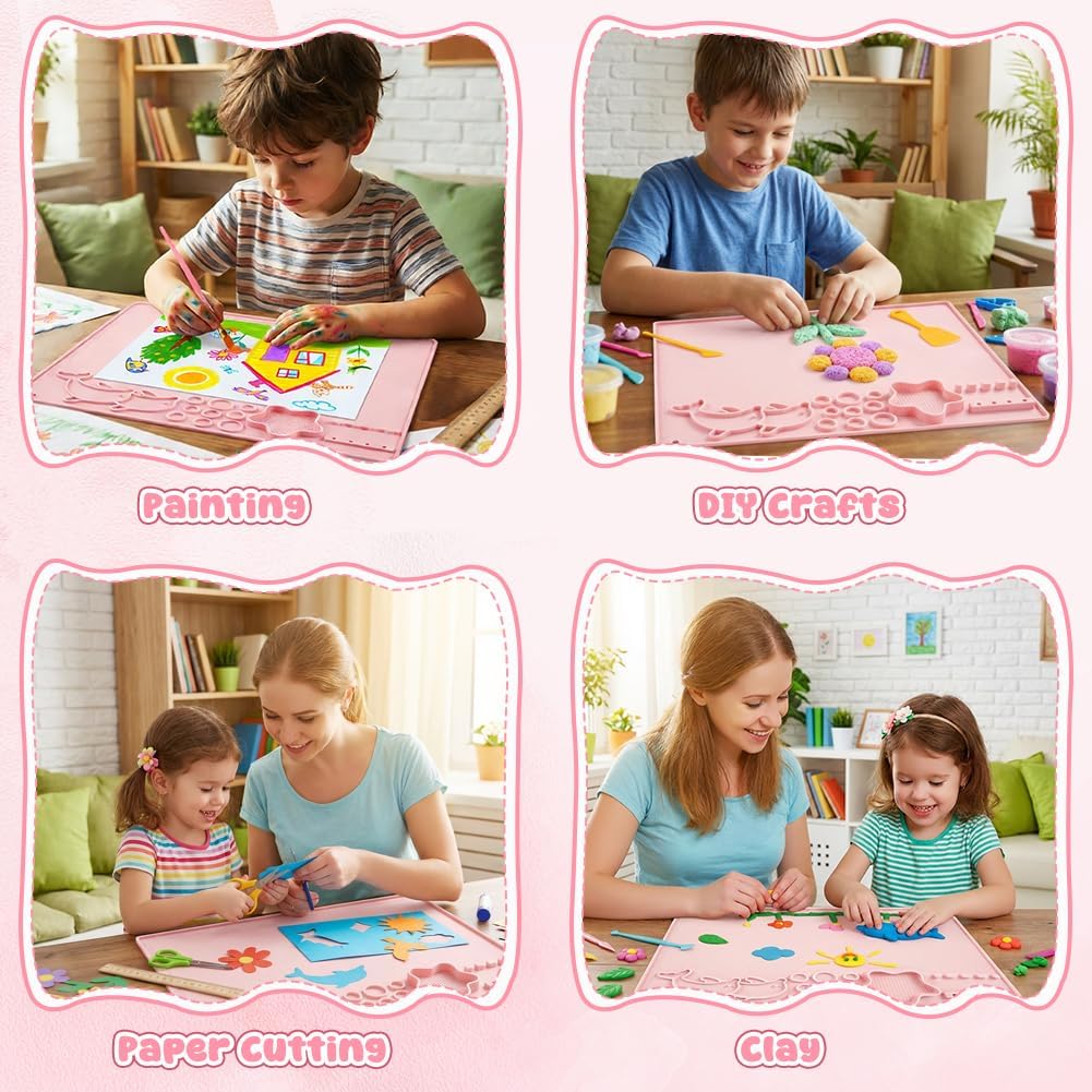 Painting Station, Paint Brush Cleaner (Pre-Assembled) and Silicone Art Mat 16.7"X13.5", Foldable Paint Brush Rinser Bowl with 10 Paint Brushes for Adults Artist Beginners Birthday Gifts(Pink)