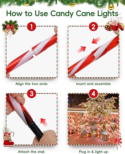 Vista 5 de COOLWUFAN Paquete de 12 marcadores de camino de bastón de caramelo de Navidad, decoraciones navideñas de bastón de caramelo de 22 pulgadas, luces