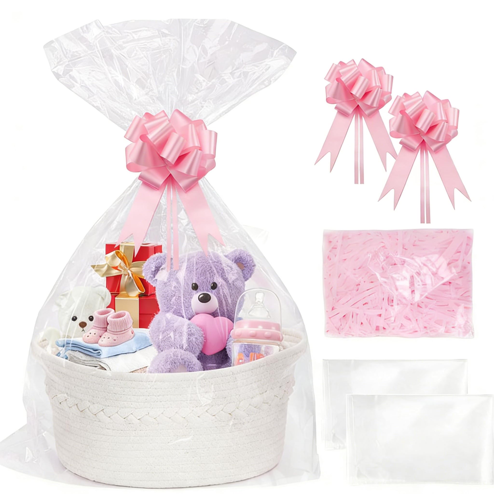 Hiseng Cestini Portaoggetti Intrecciato in Corda di Cotone con Manici, Cesti Regalo Vuoto con Sacchetti Regalo e Fiocchi, Cestini Regali per Natale
