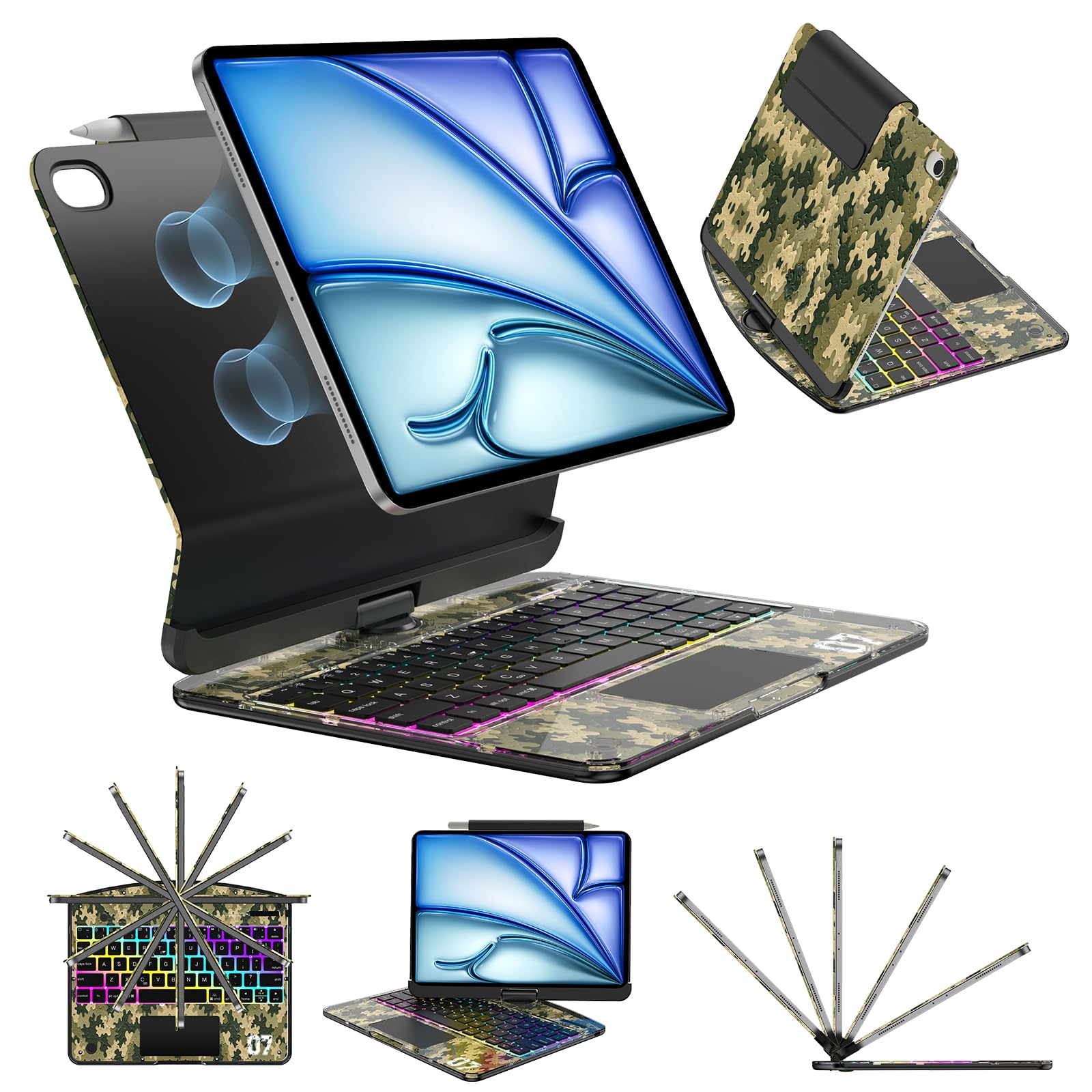Magnetic Keyboard Case for iPad Air 11" (M3/M2)& Pro 11", Camouflage | Built-in Pencil Holder, 7-Color Backlit Multi-Touch Trackpad, 360° Rotatable Stand For iPad Air M2/M3 & iPad Pro 11 Camouflage iPad Air 11 Inch / Air 5/4th / iPad Pro 11 Inch