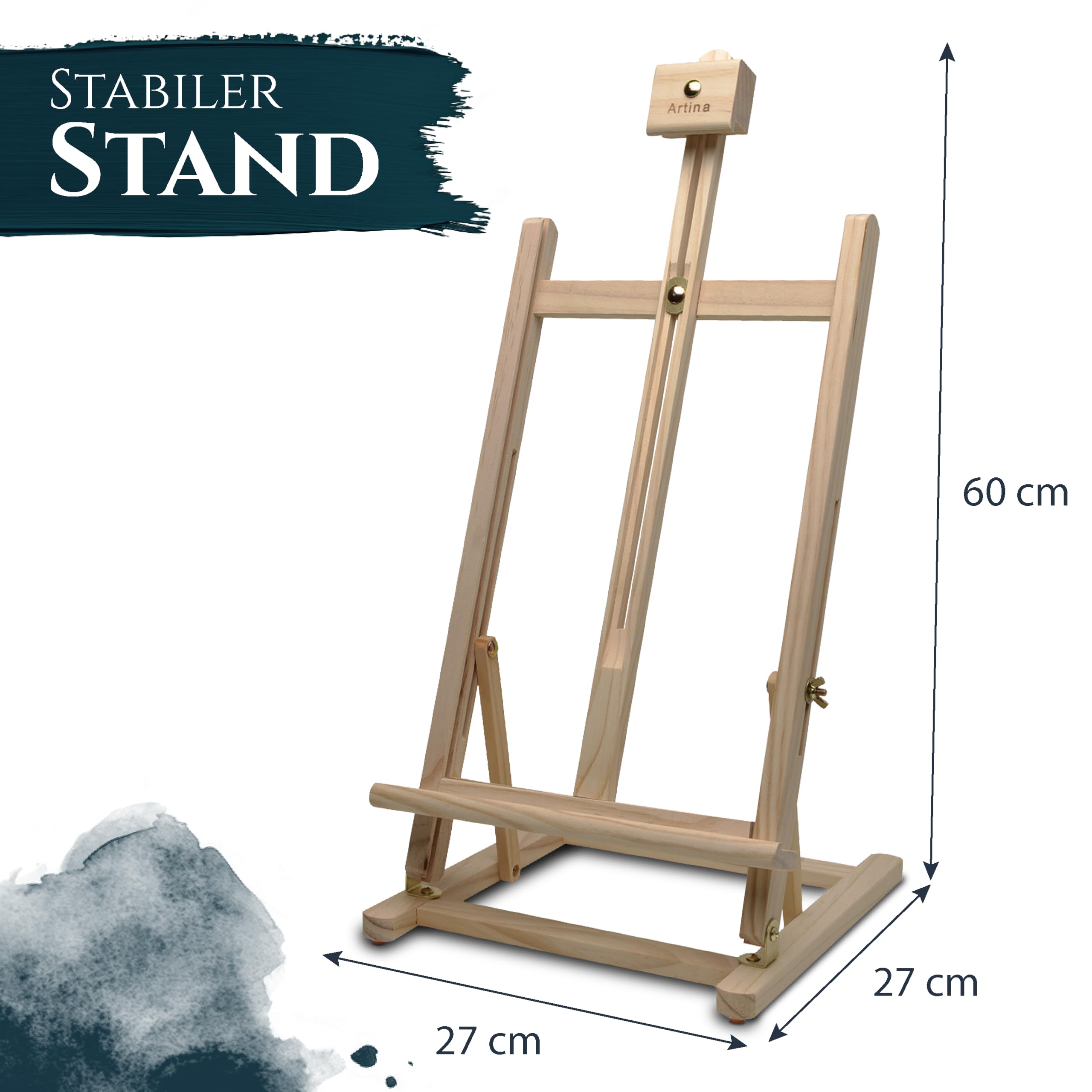 Artina Tischstaffelei Kinder für Leinwände bis 45 cm Sydney – Leinwand Staffelei Holz Sitzstaffelei 27 x 27 x 60 cm Stabile Malstaffelei – Neigungswinkel verstellbar alle Maltechniken geeignet