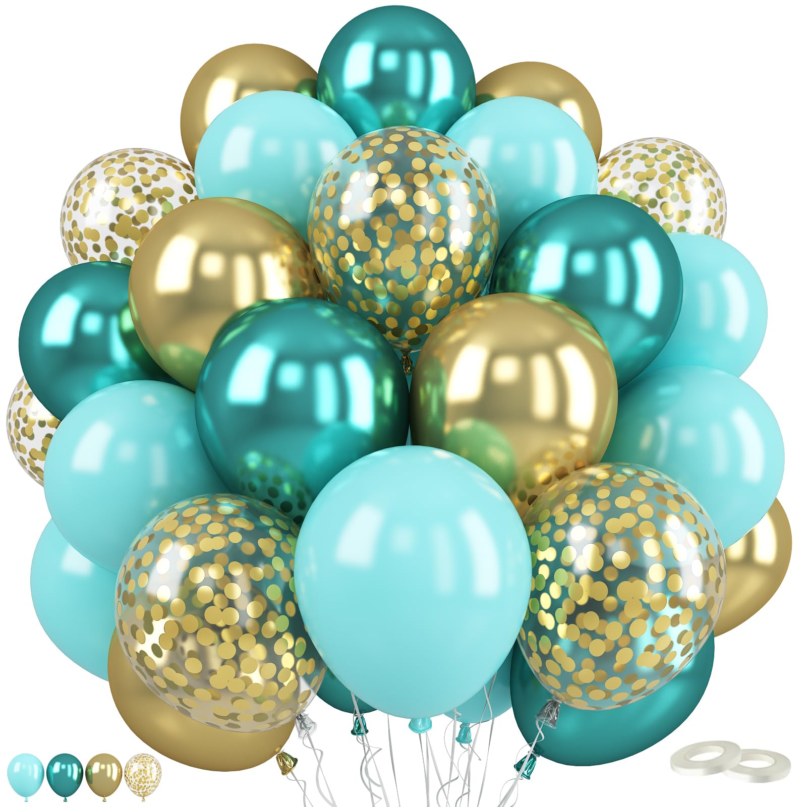 Teal Balloons,60 Pcs 12 Inches Metallic Green and Gold Blue Balloons with Confetti Balloons for Birthday Baby Shower, Jungle Theme Party Balloons,Wedding Decorations Supplies