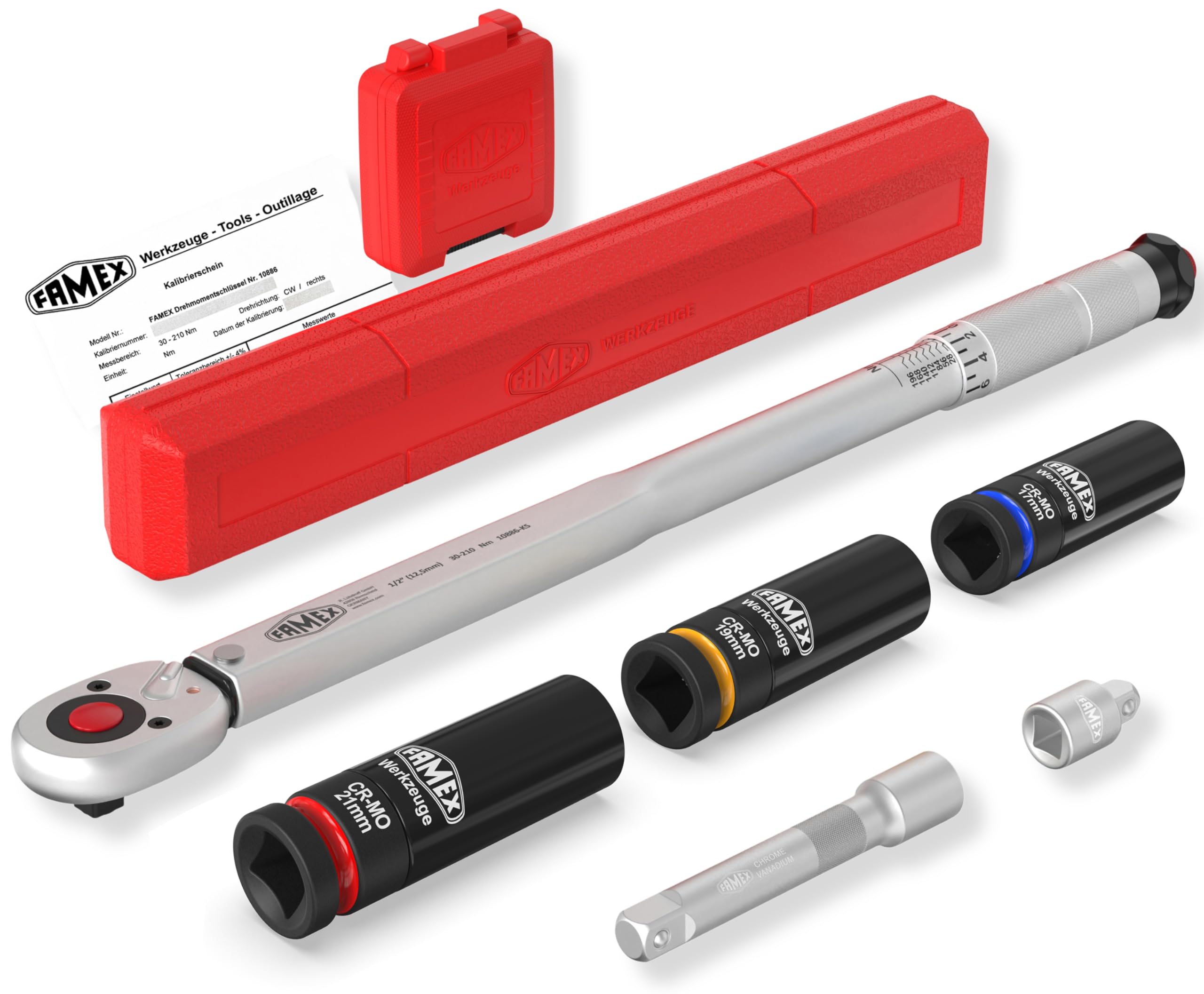 FAMEX 10886-3N-KS Llave dinamométrica 1/2" (12,5 mm) | 30-210 Nm con certificado de calibración - Juego de ahorro con inserciones suaves para tornillos de rueda | para coches y furgonetas