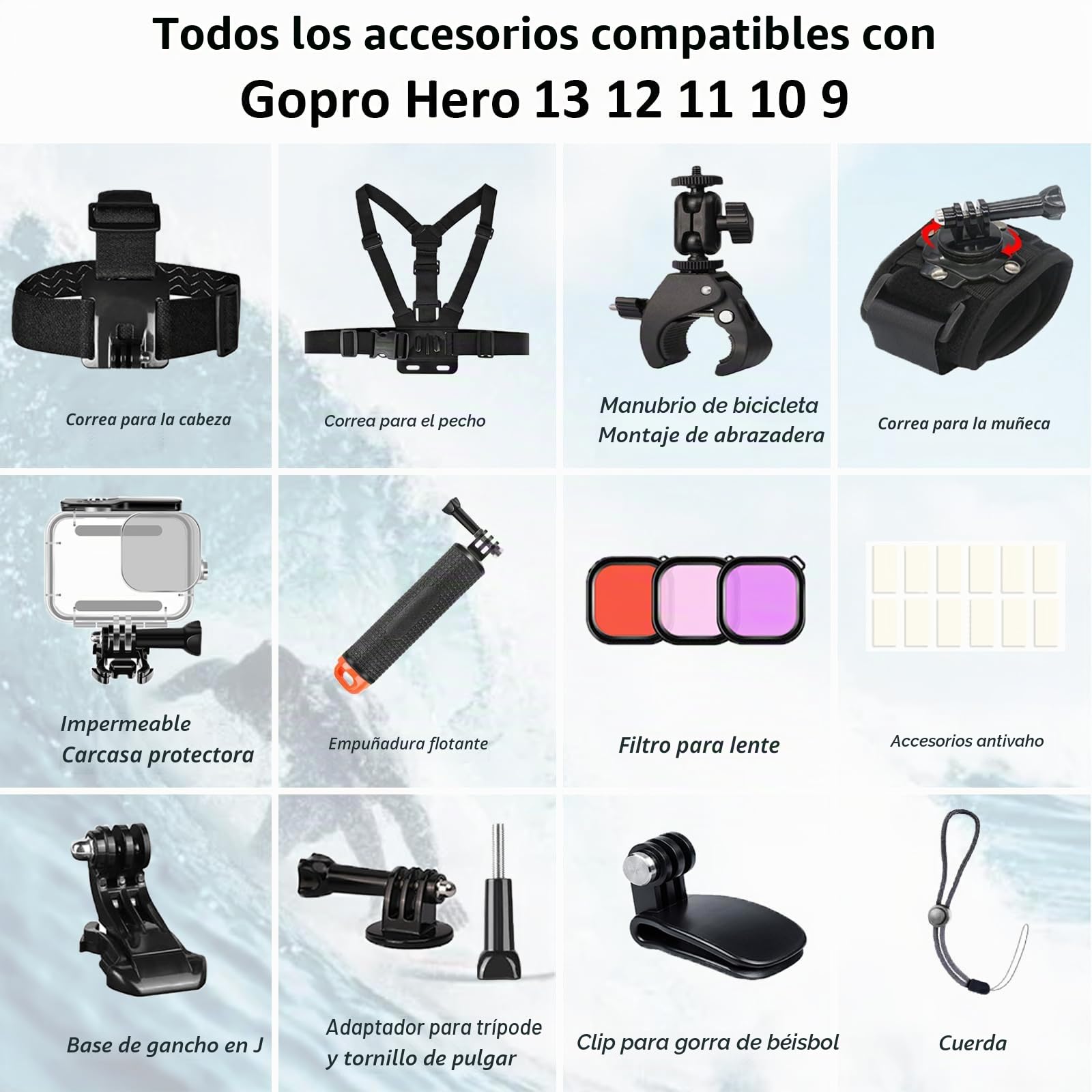 Kit de Accesorios para Gopro Hero 13 12 11 10 9, Carcasa de Buceo Estanca Asa Flotante Correa de Pecho de Cabeza de Mano Pinza para Cámara Abrazadera Clip Filtros de Buceo Película Antivaho