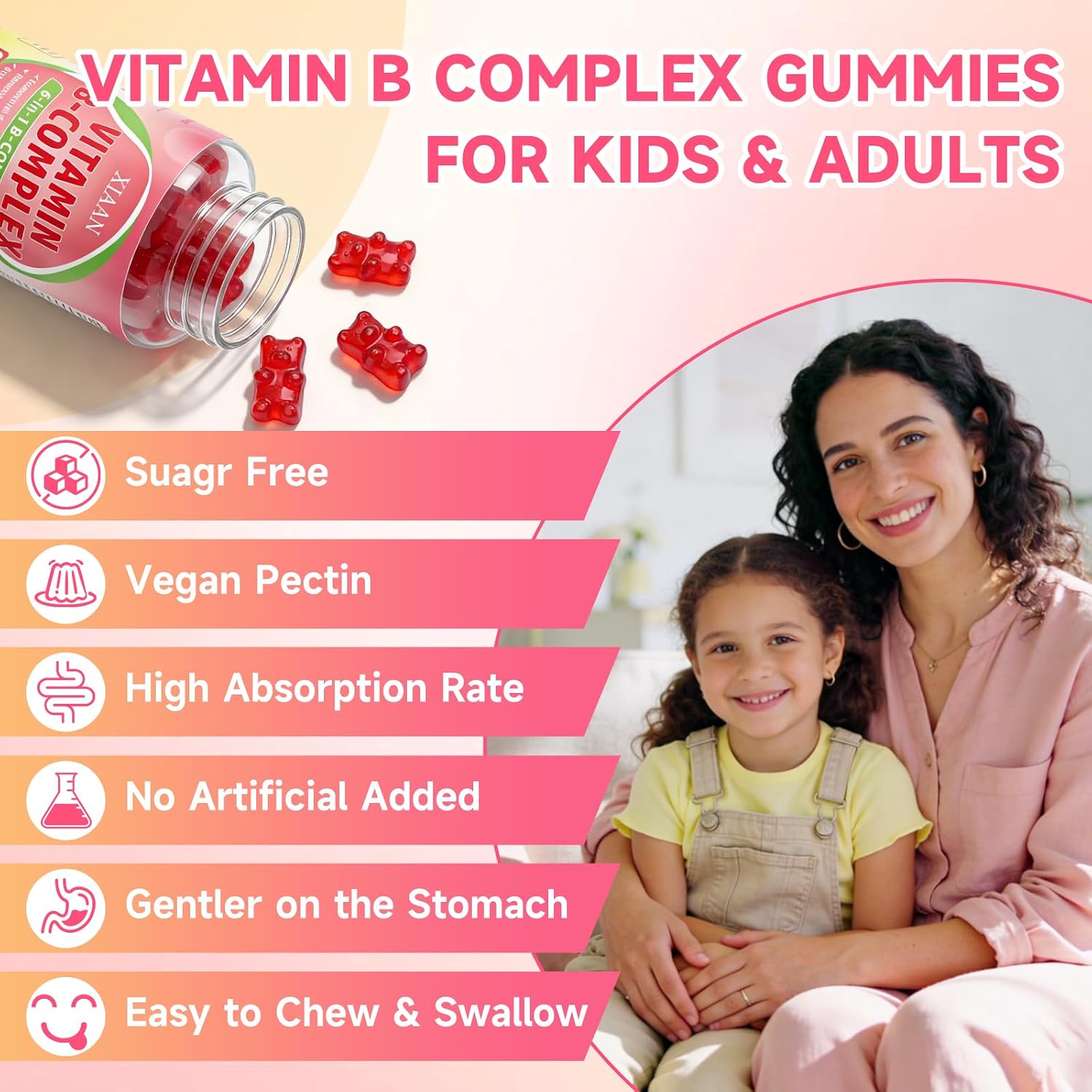 Vitamin B Complex Gummies for Women & Men - Vitamin B12, B1, B2, B3, B5, B6, B-Complex Vitamin Supplements for Energy & Immune Support, Sugar-Free/Vegan/Gluten-Free, Raspberry Flavor 60 Count