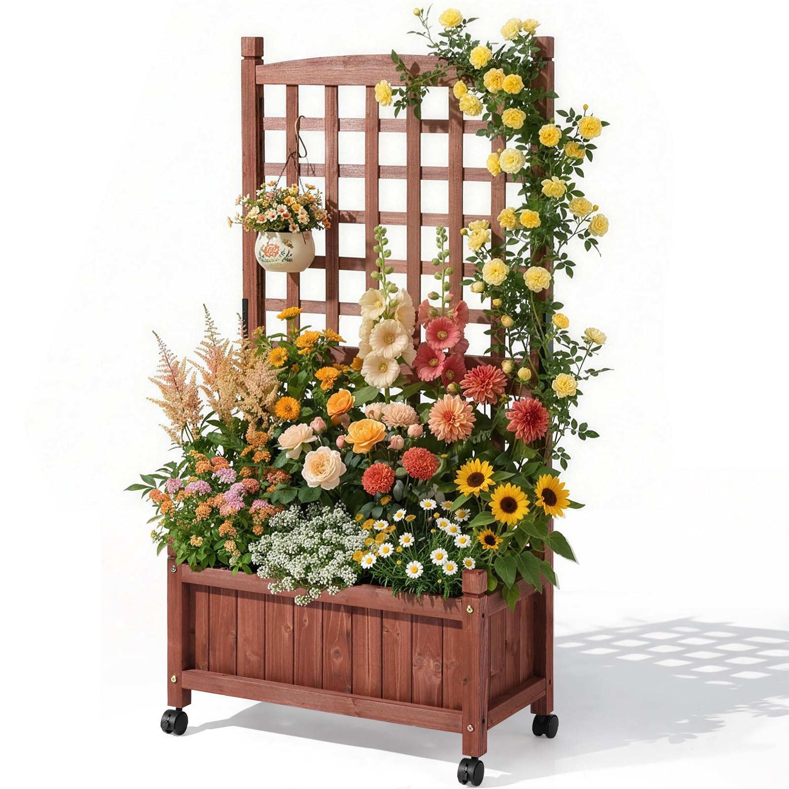 Bonnlo Wood Planter Bed with Wheels, Mobile Garden Planter with Trellis for Vine Climbing Plants, Flowers & Vegetables