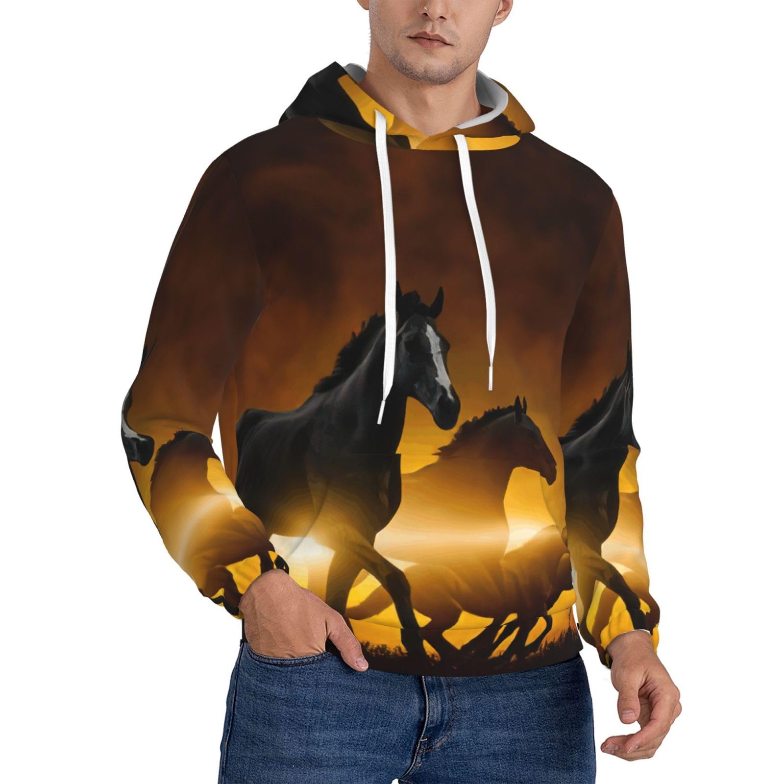 Sweat à capuche homme imprimé chevaux EdWal noir en polyester décontracté - 8