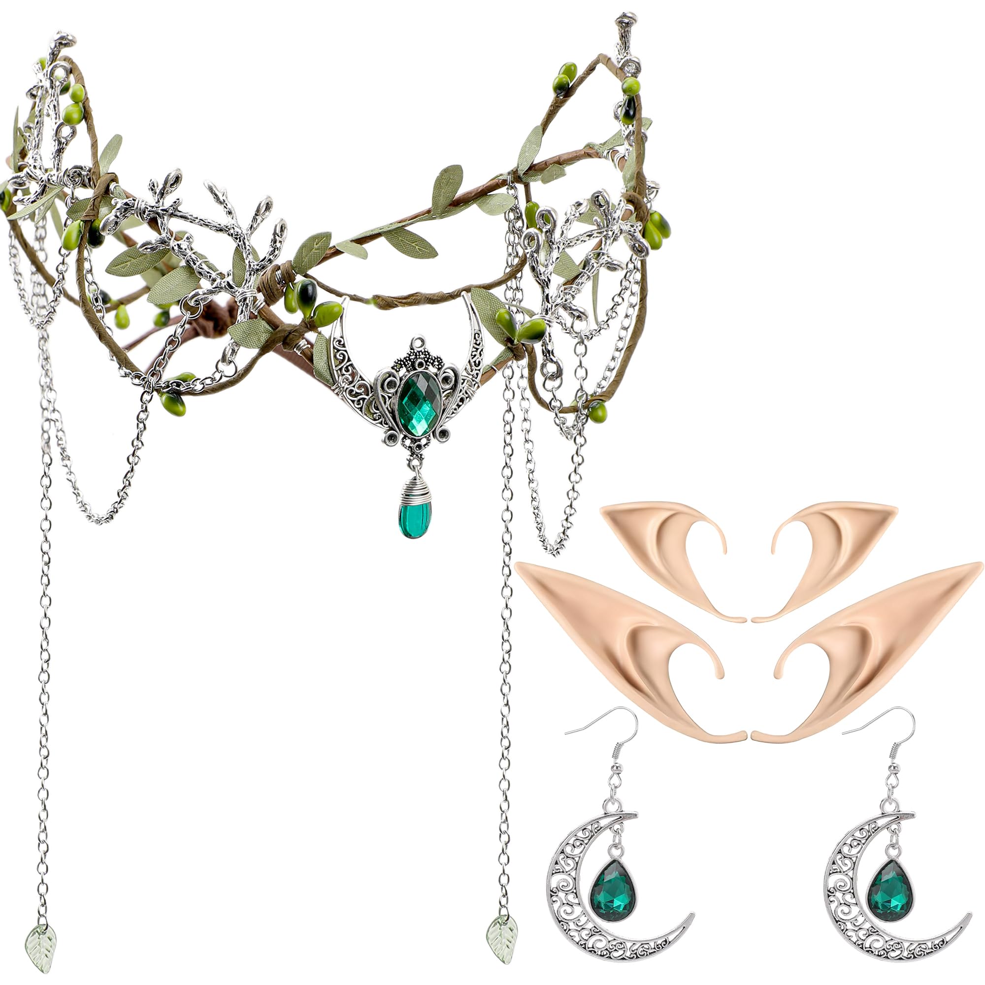 MOSTORY Medieval Leaf Crown with Elf Ears Earrings for Renaissance Costume Women, Green Headdress with Tassels and Moon for Cosplay Party Performance Book Day May Day Halloween Carnival Accessories