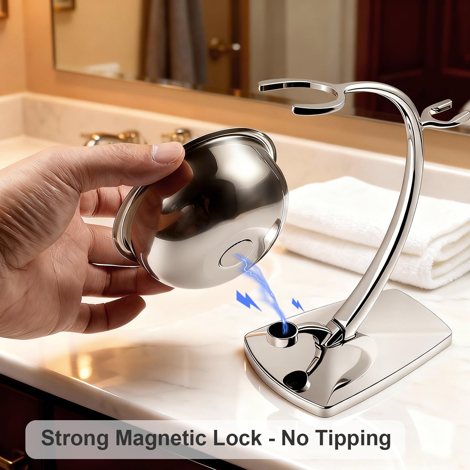 GRUTTI Shaving Bowl and Stand Set with Magnetic Base - 304 Steel Bowl & Chrome-Plated Alloy Stand, All-in-One Storage, Fits Most Razors & Brushes (Bowl & Stand Only)