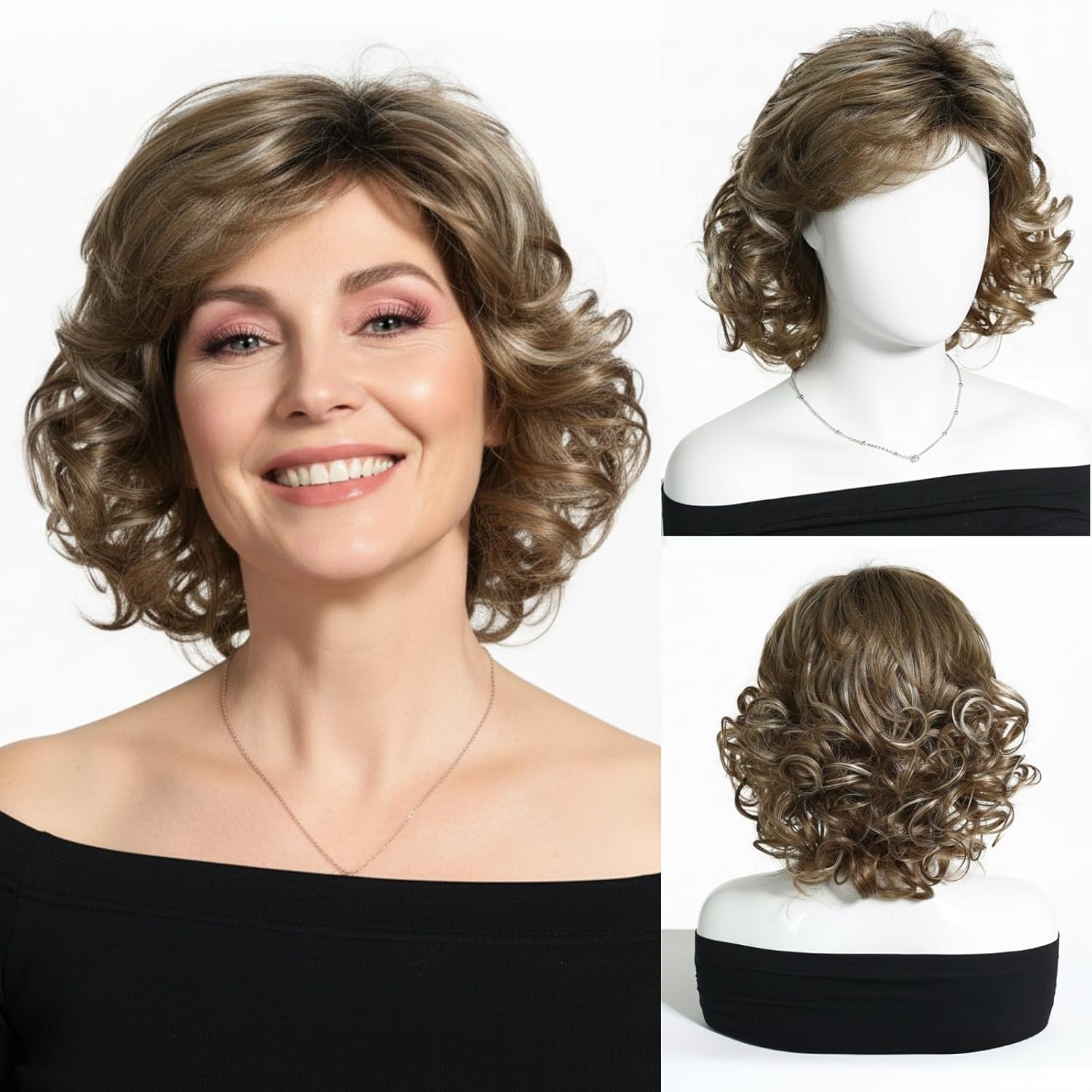 Bob Short Wig for Women - Dark Brown Synthetic Hair with Bangs, Voluminous Curly Style for Older Ladies Daily Use
