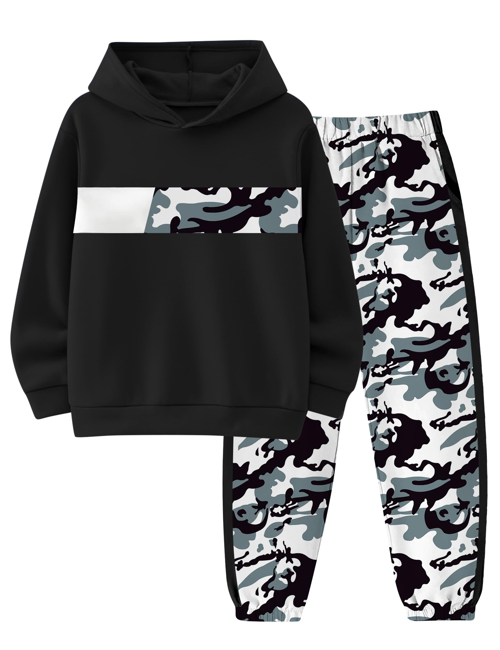 Boys Clothes Boy Outfits 2-Piece Long Sleeve Hoodie and Camouflage Pants Boys Fall Winter Clothes for 6-16 Years