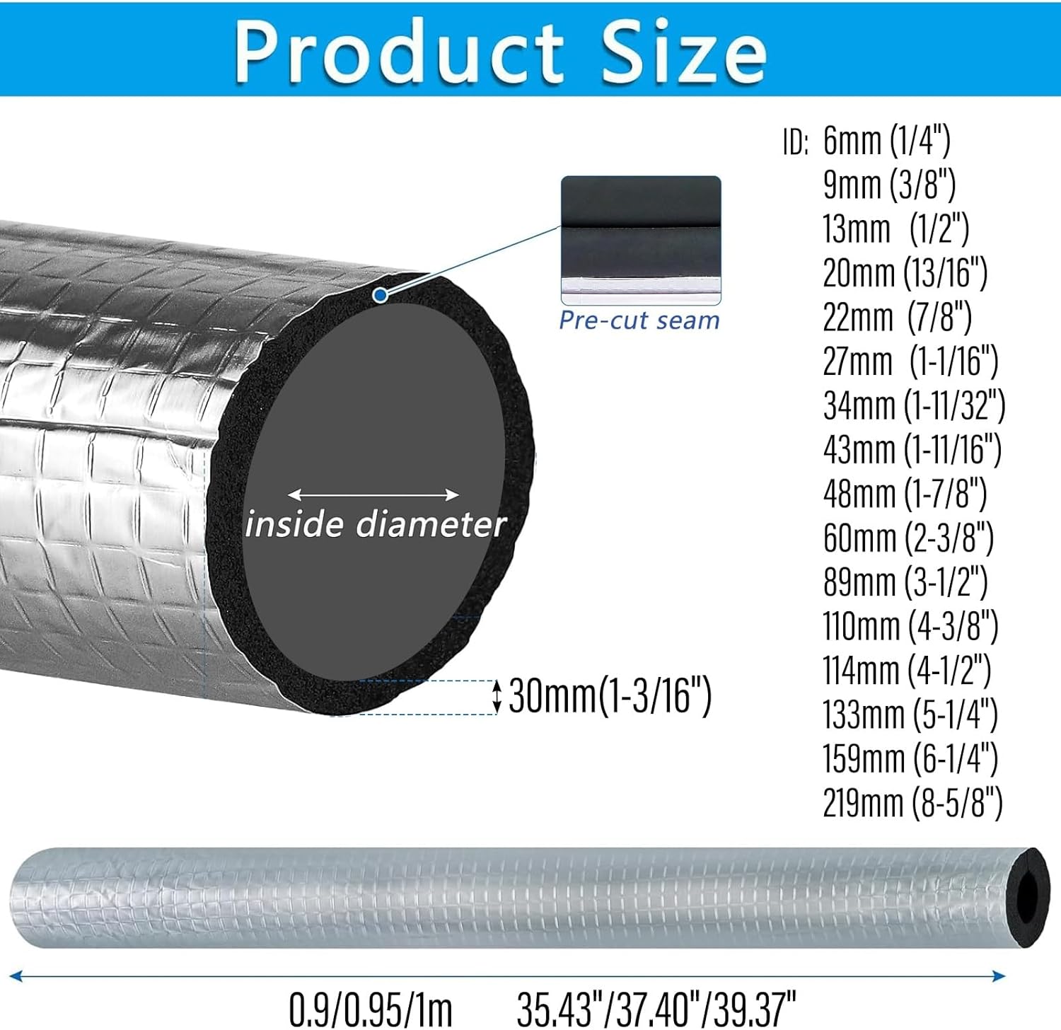 Winter Pipe Insulation Hose Cover - Self-Adhesive Foam Wrap with Aluminum Foil for Spigot & Outdoor Pipes - Fits ID 8-5/8" x T 1-3/16" x L 39.37"