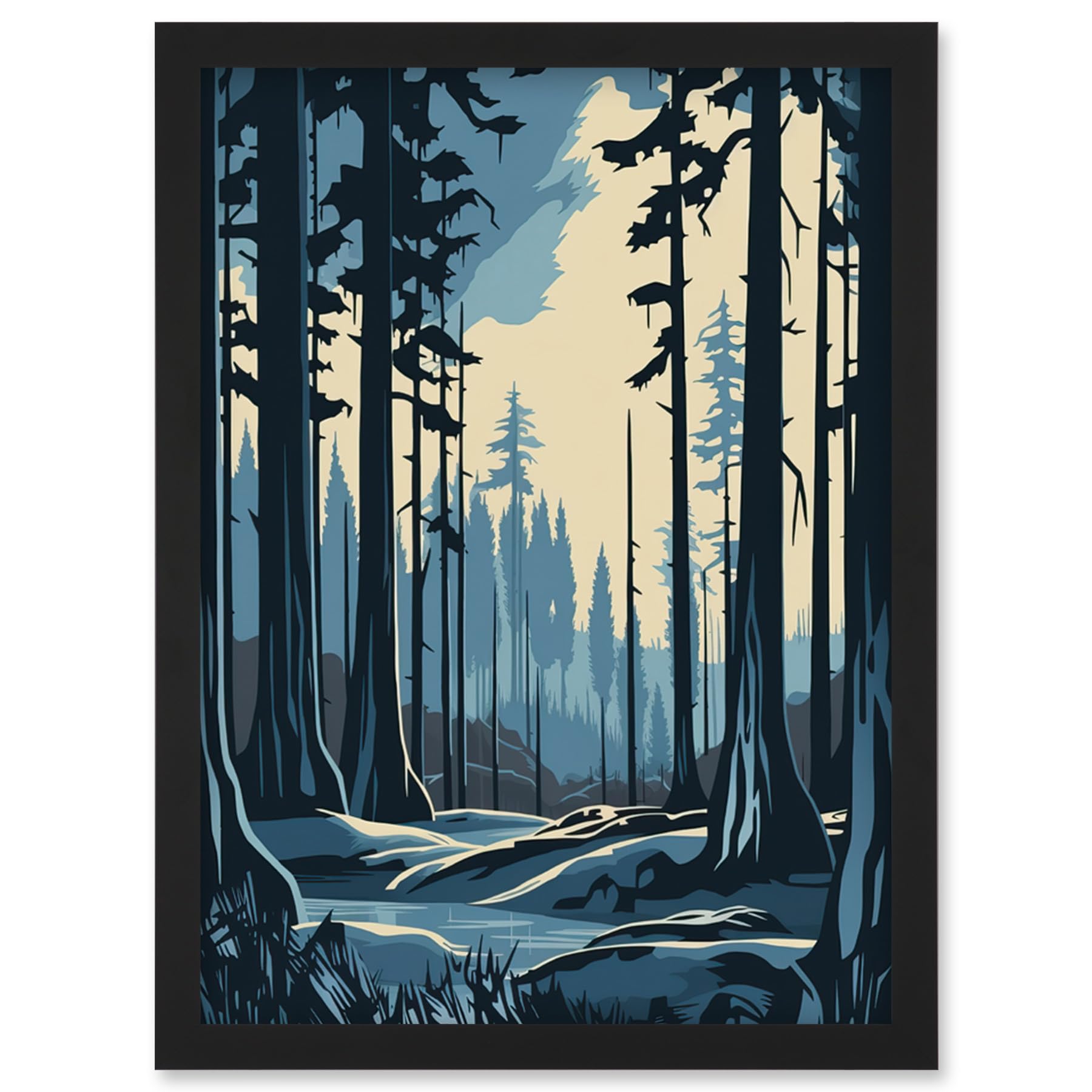 Artery8 Taiga Boreal Forest Winter Landscape Illustration Framed Wall Art Print A4