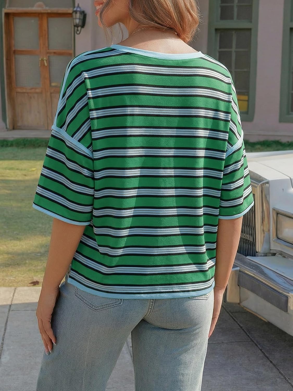 Tankaneo Womens Oversized Striped T-Shirts Summer Casual Color Block Short Sleeve Tops Drop Shoulder Boxy Tees