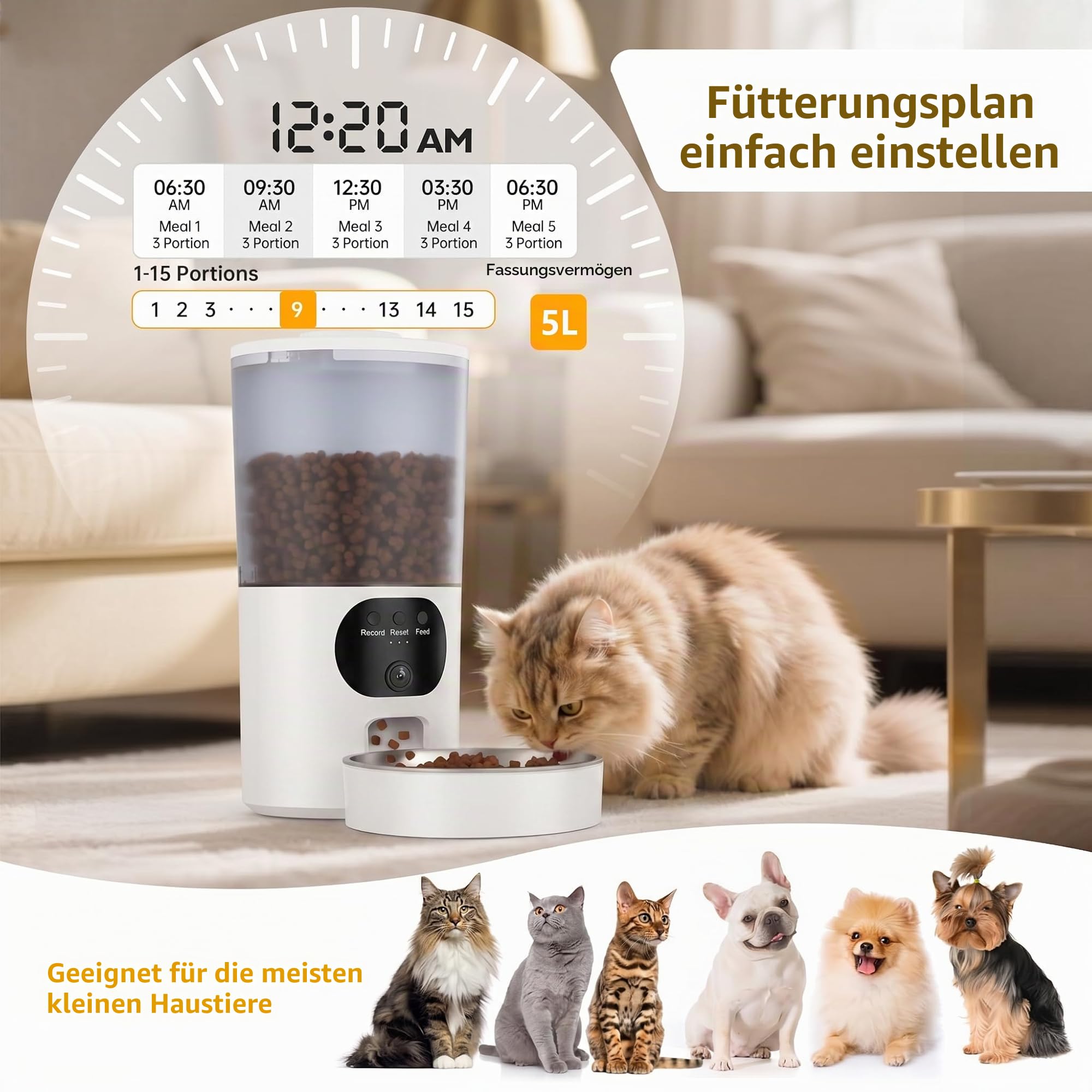 PF1-5L Futterautomat Katze WiFi, Edelstahlschüssel für Trockenfutter, Programmierbar & portionsgeregelt, Verstopfungsgeschützt, automatische Auslaufverschließung, Notbatteriefach