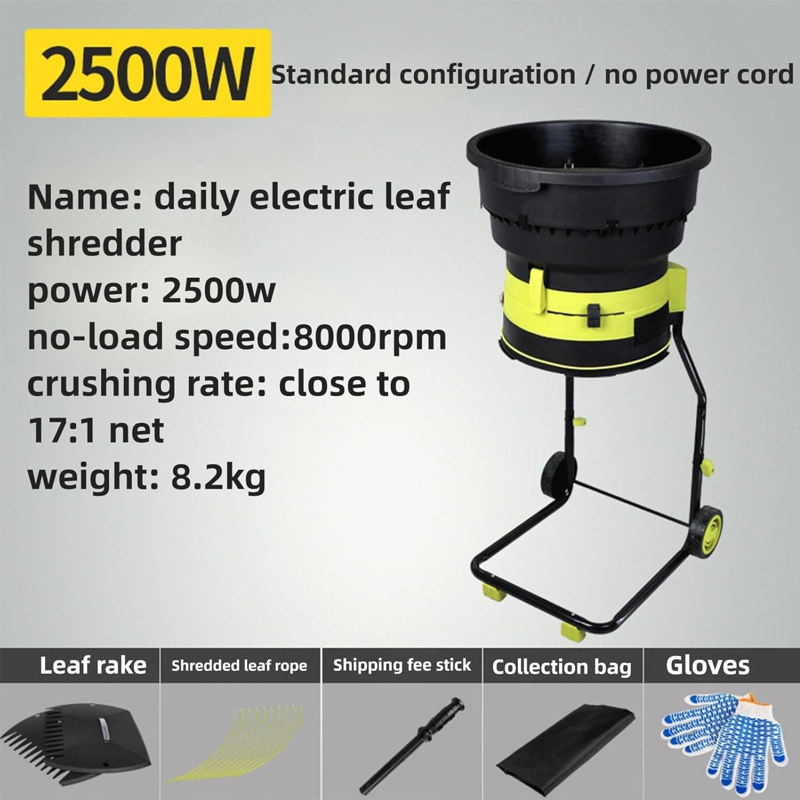 Trituradora Eléctrica De Hojas De 2500 W, Trituradora De Jardín Sin Cuchillas con Ruedas Y Bolsa De Almacenamiento, Tritura Hojas Caídas, Hierba Seca Y Restos De Jardín.,A