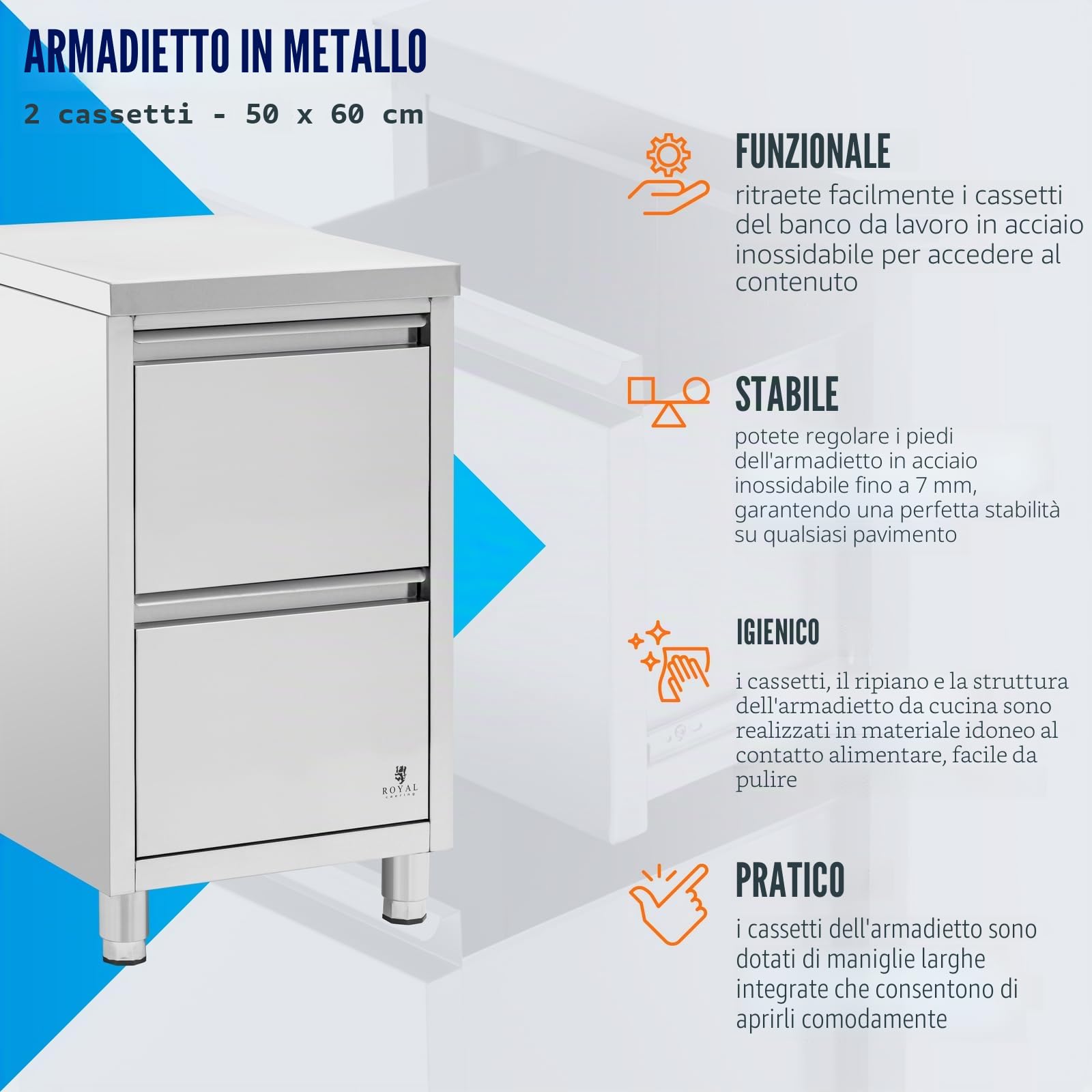 Royal Catering RCCD-2S - Armadio da lavoro in acciaio inox, con 2 cassetti, 50 x 60 cm, altezza regolabile, in acciaio inox