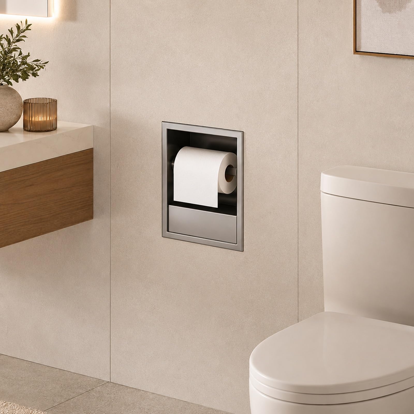 Recessed Toilet Paper Holder, Stainless Steel In-Wall Bathroom Cabinet With Toilet Roll Holder And Open Shelf, Hidden Waste Bin For Bathroom Kitchen Office