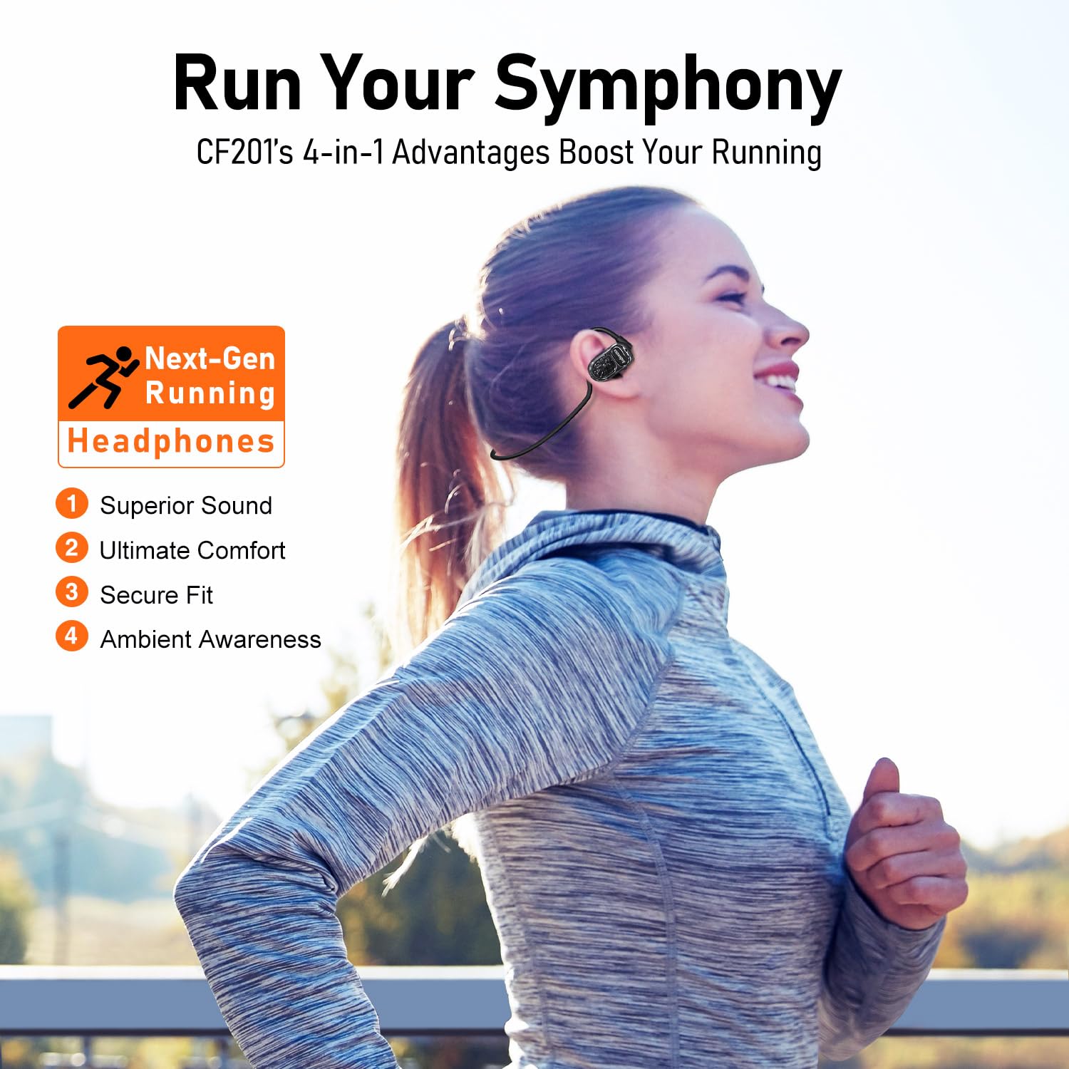 Audiovance OpenComfy CF201 Wireless Running Headphones | Bluetooth | Open-Ear Headphones | 4-in-1 Advantage: Superior Sound | Ultimate Comfort | Secure Fit | Ambient Awareness | Black