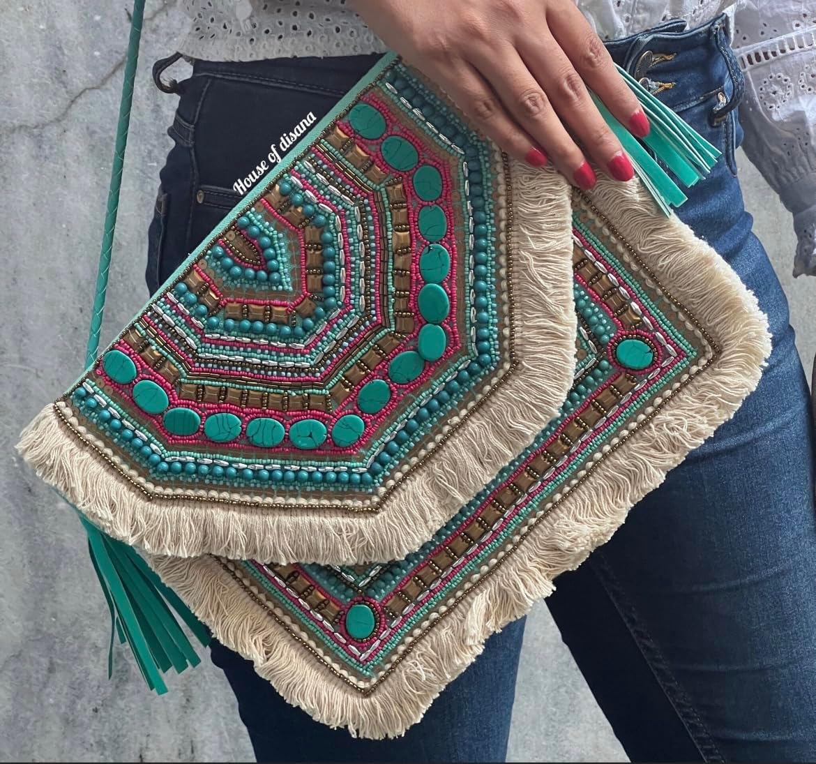 Banjara beaded Bohemian Bag India Embroidered Crossbody Bag Envelope Shoulder Bag Tote Handbags, Beach Bag for Vacation, Travel, Banquet Beach with chain (Turquoise) - Image 3