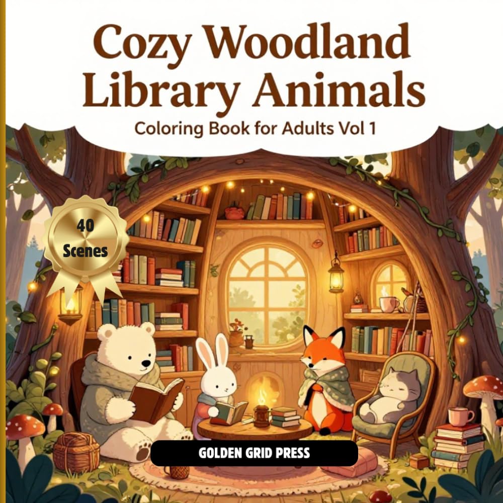 Cozy Woodland Library Vol. 1: Adult Coloring Book: A calming woodland escape with adorable animals, cozy library scenes, and easy-to-color designs for relaxation and creativity