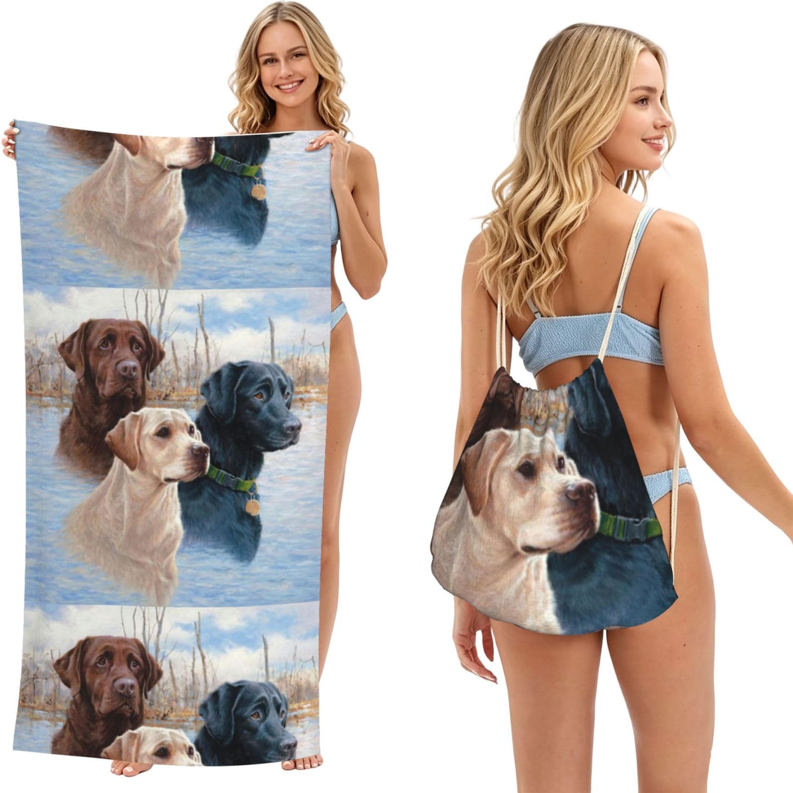 Poadnly As Picture Labrador Retriever Dog Puppy Art, 2 In 1 Packable Towel Bag, Beach Towels With Drawstring Backpack For Travel Holiday Camping