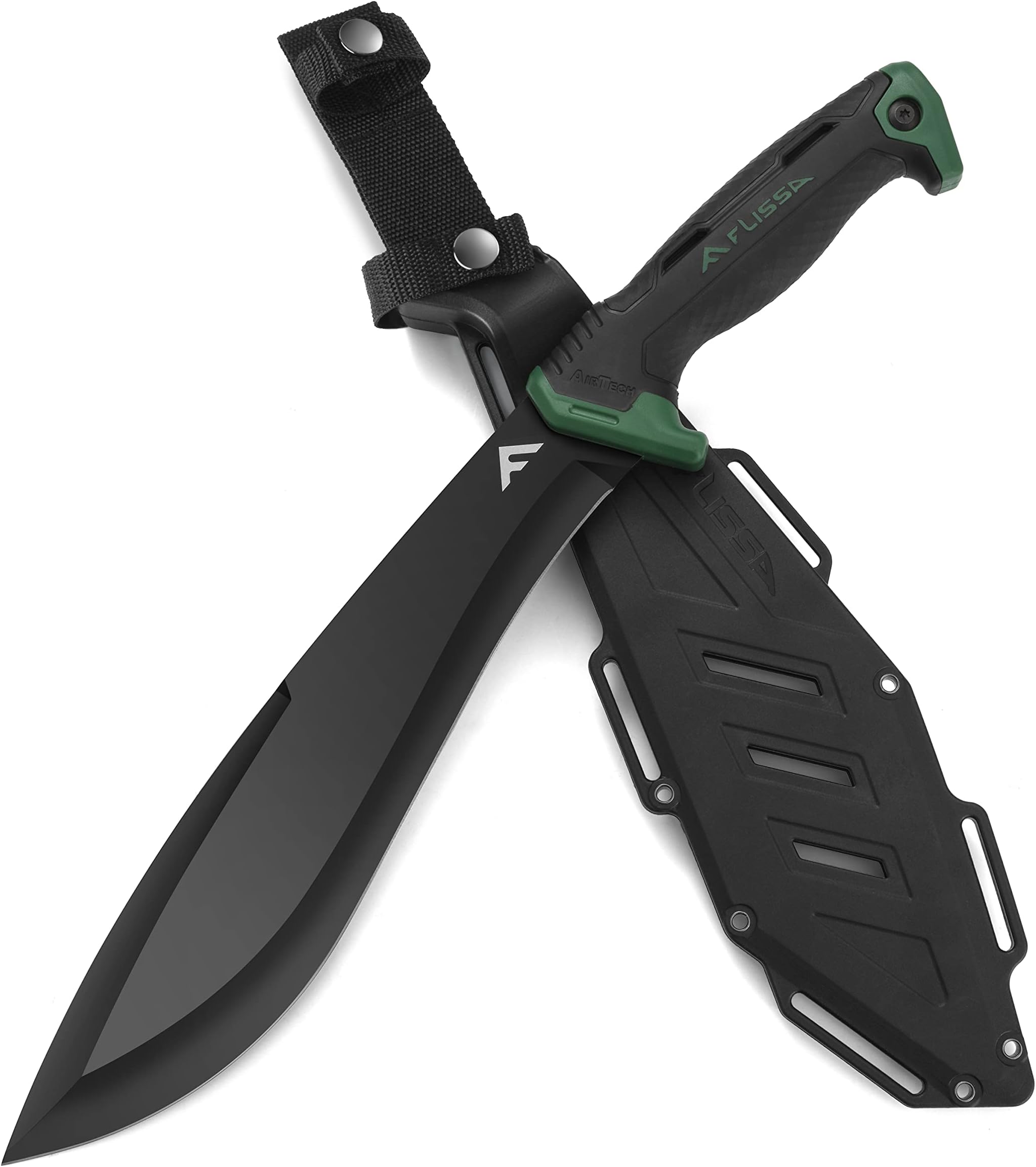 FLISSA Machete, 11'' Fixed Blade Camp Knife, Bolo Machete for Clearing Brush, Patented Shock Absorbing Air Tech Handle, Ideal for Gardening, Bushcraft and Outdoor, Molded Sheath Included