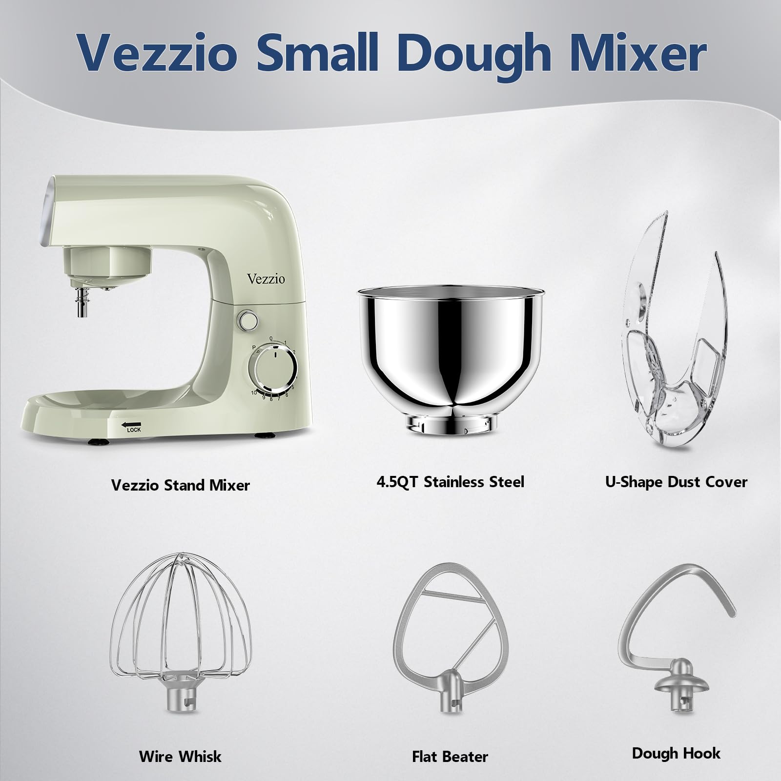 Vezzio Knetmaschine zum Backen, 1500 Watt Kompaktkneter, 10-stufiger geräuscharmer Teigkneter mit 4,5-Liter-Schüssel, inkl. Schneebesen, Knethaken, Rührbesen und Spritzschutz (Grün)