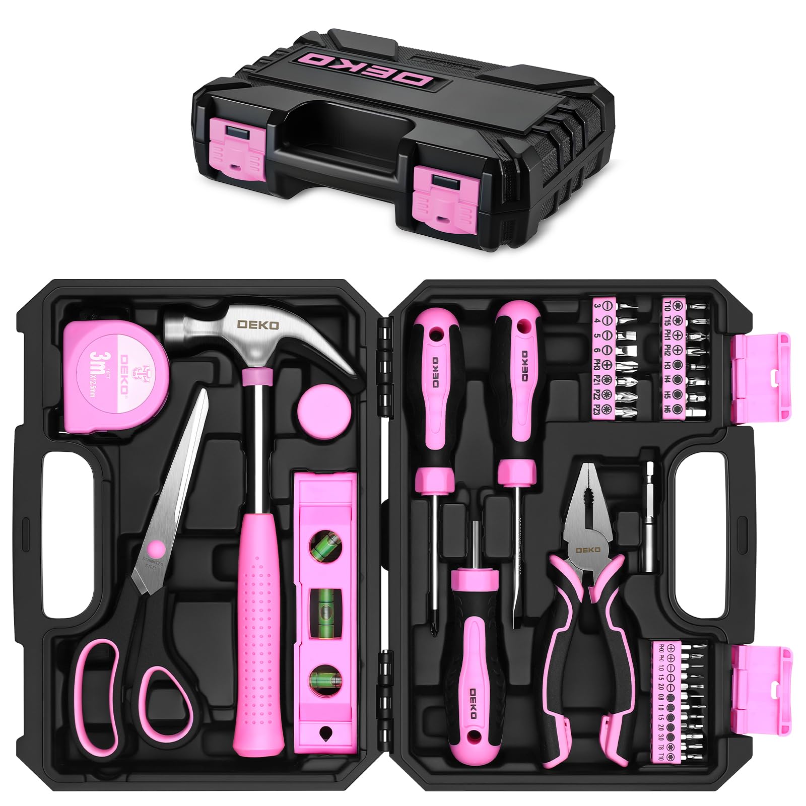DEKOPRO Juego de 42 Herramientas de Mano, Color Rosa | Caja de Herramientas Pequeña para Reparaciones Domésticas, Bricolaje y Montaje de Muebles