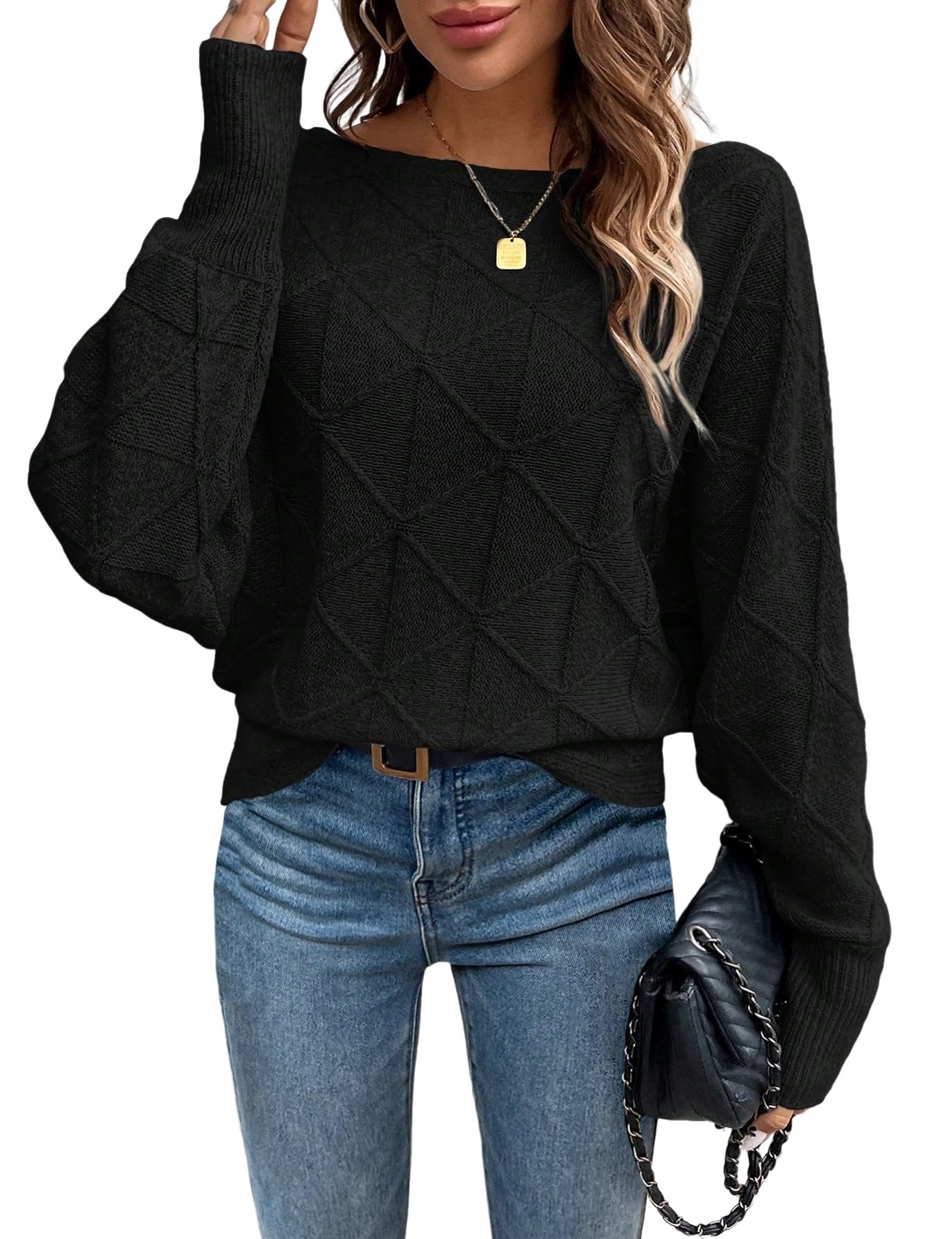 Womens Solid Color Batwing Sleeve Sweater Long Sleeve Tops Knit Pullover Fall Winter Outfit Loose Fit Fall Outfits