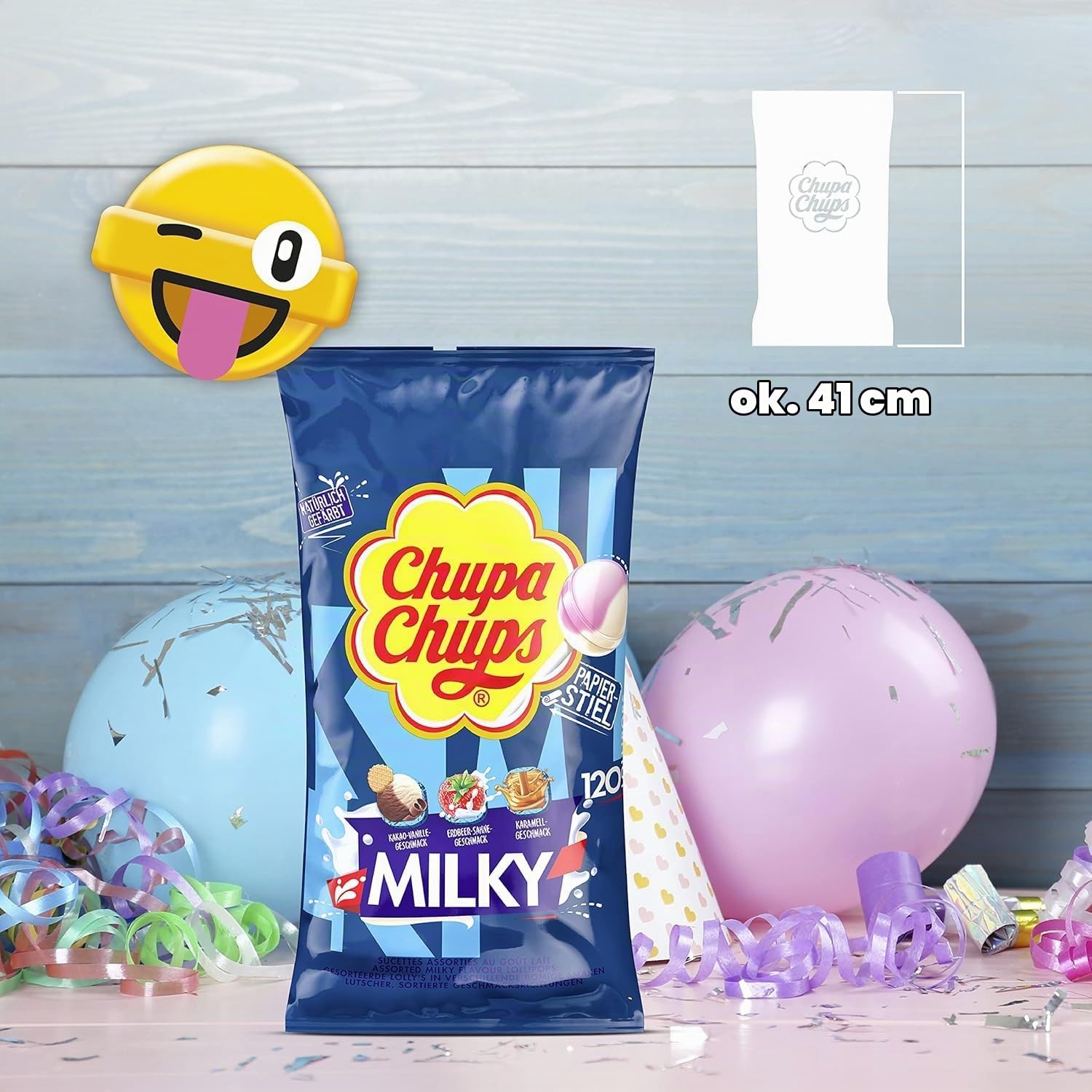 Chupa Chups Mleczny woreczek z lizakami, 120 lizaków, w 3 kremowych smakach, kakaowo-waniliowy, karmelowy, truskawkowy śmietana, odpowiedni na urodziny, 120 x 12 g