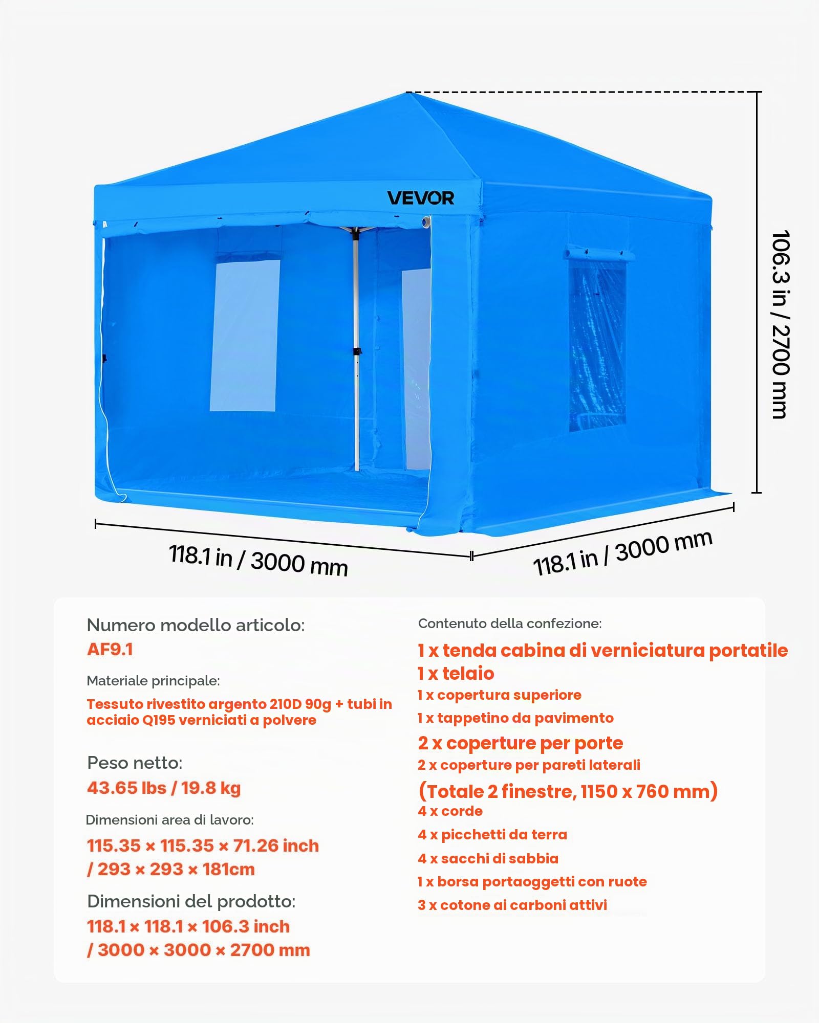 VEVOR Tenda per Cabina di Verniciatura a Spruzzo Portatile 293x293x181 cm Tenda per Verniciatura a Spruzzo Cabina Impermeabile e Pieghevole con 2 Finestre Laterali per Esterno, Auto, Moto, Blu
