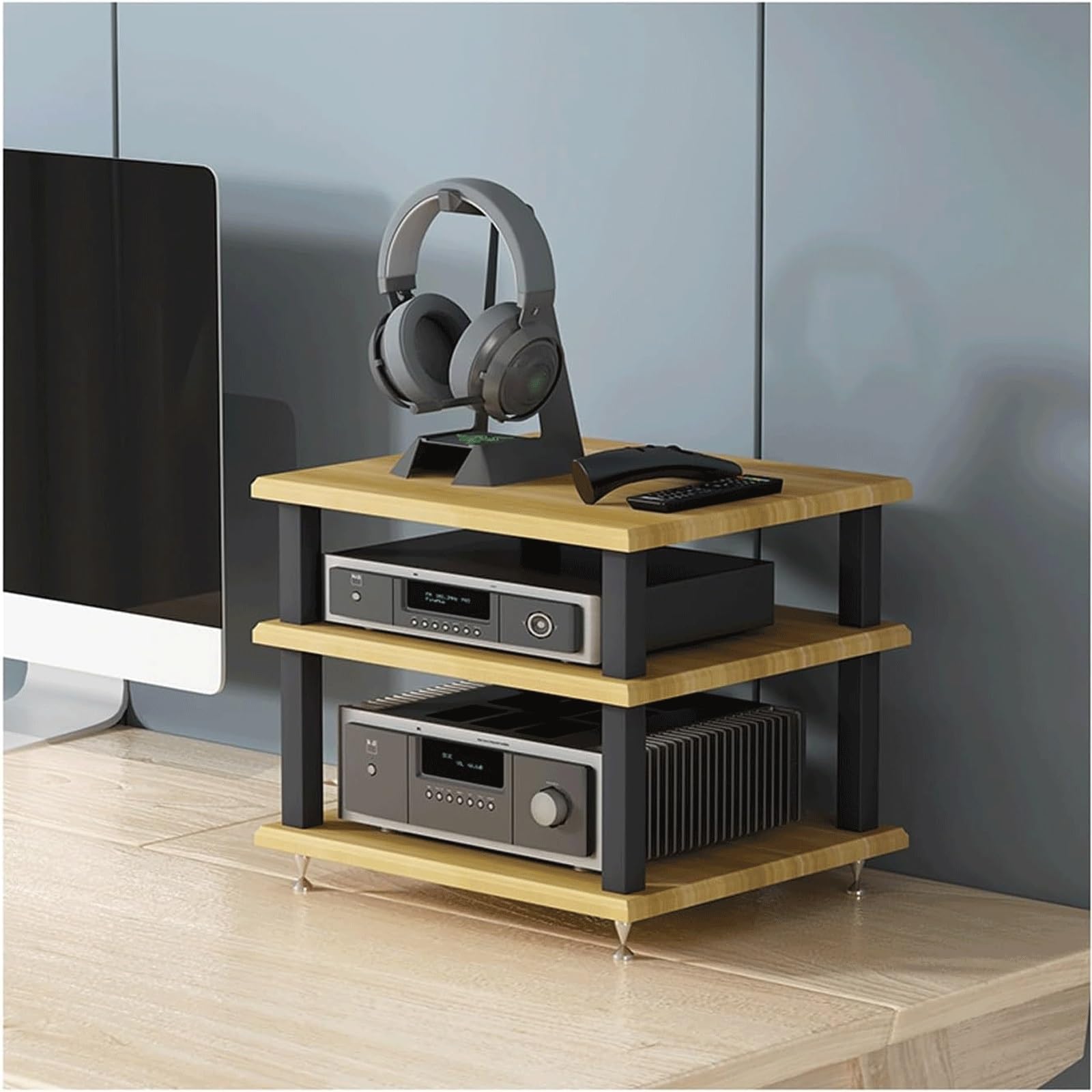 Soporte para TV de 3 niveles con elegante madera natural y aislamiento acústico para equipos