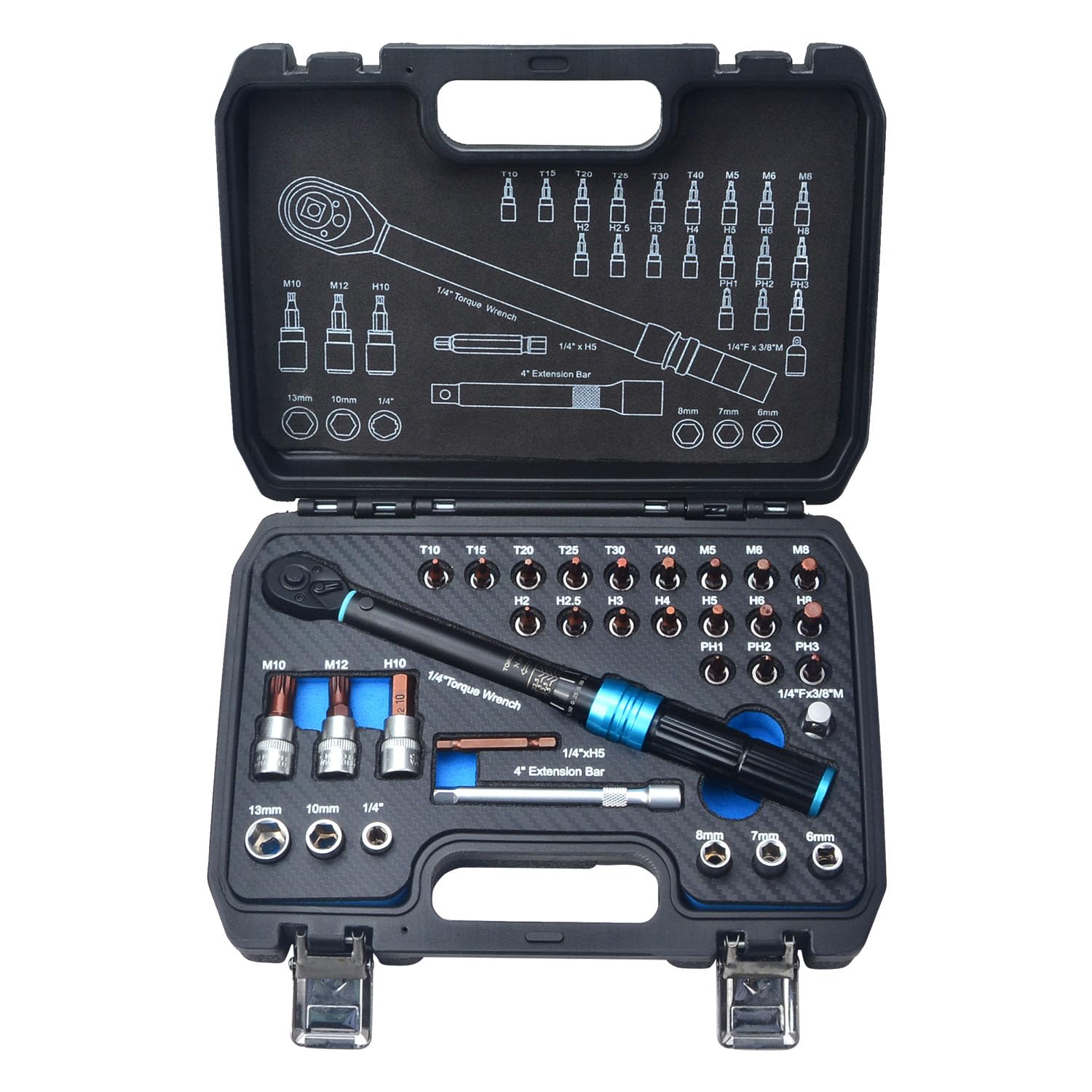 Lot de 32 clés dynamométriques à cliquet réglables de 1/4" pour vélo, 5–25 Nm, ± 3% de précision d'erreur, avec 1 barre d'extension de 10,2 cm, douilles 6–7–8–10–13 mm pour voiture, moto