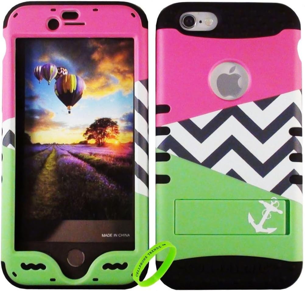HARD & SOFT RUBBER HYBRID ROCKER HIGH IMPACT PROTECTIVE CASE COVER for Apple iPhone 6 Plus 5.5" 6th Generation Case - Pink Green Triangle Chevron Anchor Design Blue Hard Case on Black Silicone