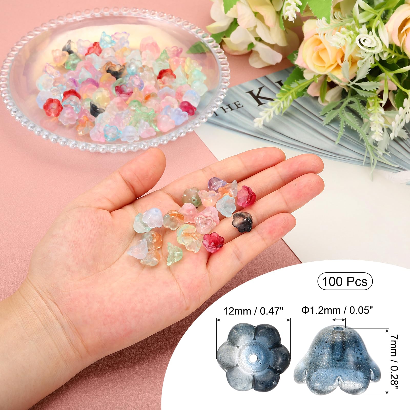 PATIKIL Glass Trumpet Flower Beads, 100 Pcs Gradient Flower Bead Charm for DIY Craft Decorations Black, Gold - Image 2