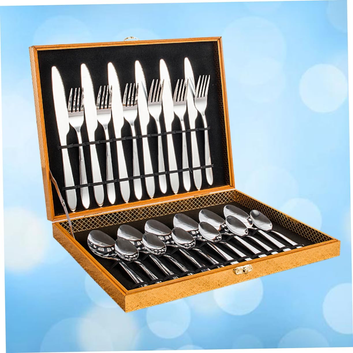 24set Stainless Steel Cutlery in Elegant Artificial Leather Case for Dinner Parties and Outdoor Use Includes Forks Knives and Spoons Dishwasher Safe