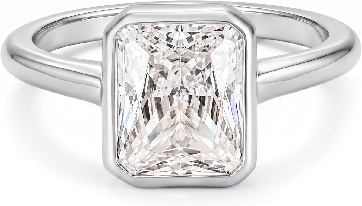 4CT Radiant Cut CZ Engagement Rings for Women | Travel Bezel Solitaire Promise Wedding Bands, 14K Gold/White Gold Plated Simulated Diamond Rings Size 5-9