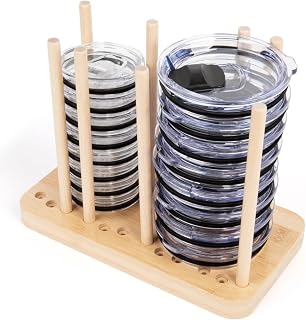 Adjustable Bamboo Tumbler Lid Organizer - Holds up to 20 Lids - Water Bottle Lid Organizer
