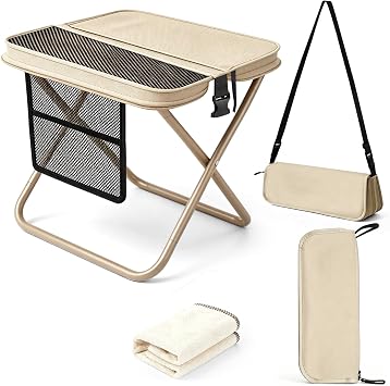 Portable Collapsible Folding Stool for Adults, 16" Tall Camping Stool with 3 Pockets & Shoulder Strap, Heavy Duty Travel Chair Lightweight Backpack Seat for Hiking Fishing Hiking Gardening