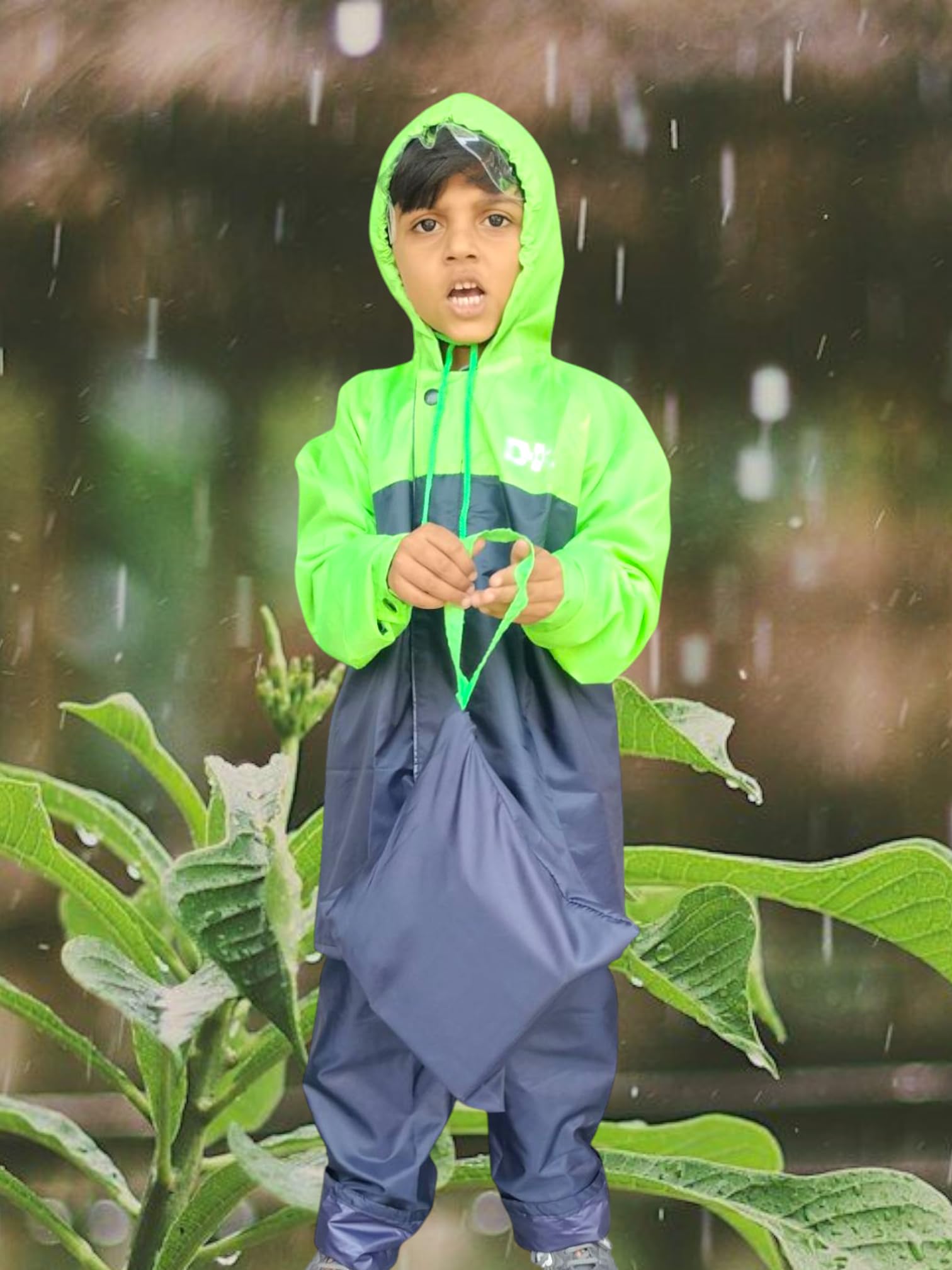 D8211K Boy's & Girl's Top + Bottom Portable Light Weight Rain Coat with Hooded & Long Sleeves for Outdoor Activity (IN, Age, 6 Years, 7 Years, Green & Blue) - Image 5 thumbnail