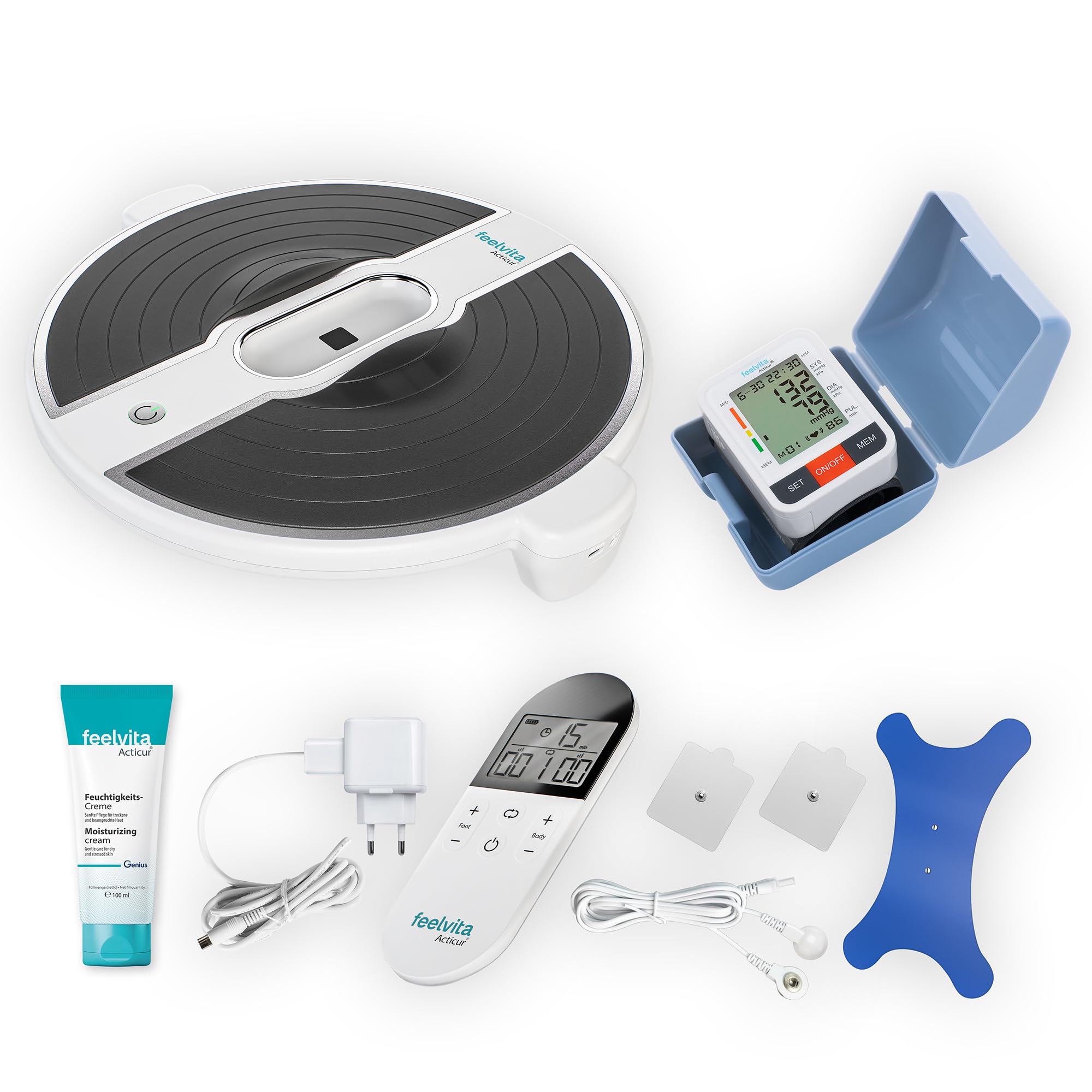 Genius Feelvita Acticur Vital-Set 13-tlg Durchblutungs- Stimulator Bein und Fuß, EMS & TENS Gerät mit 3 Elektrodenpads für Neuropathie, Krämpfe, Knie Beinschmerzen inkl. Blutdruckmessgerät Handgelenk