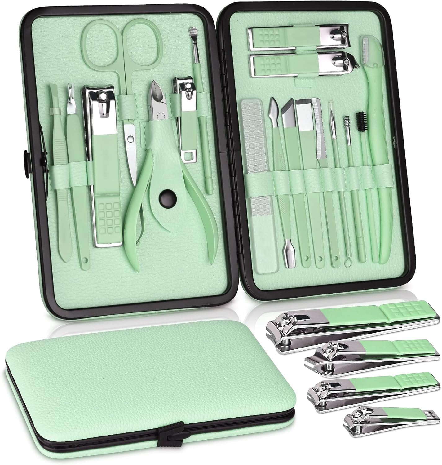 ETTA Premium Manicure Set, 18pcs Nail Clippers Pedicure Kit with PU Leather Case Nail Care Kit Professional Tools Gift for Women Wife Girlfriend Parents (Green and Black)-image-41