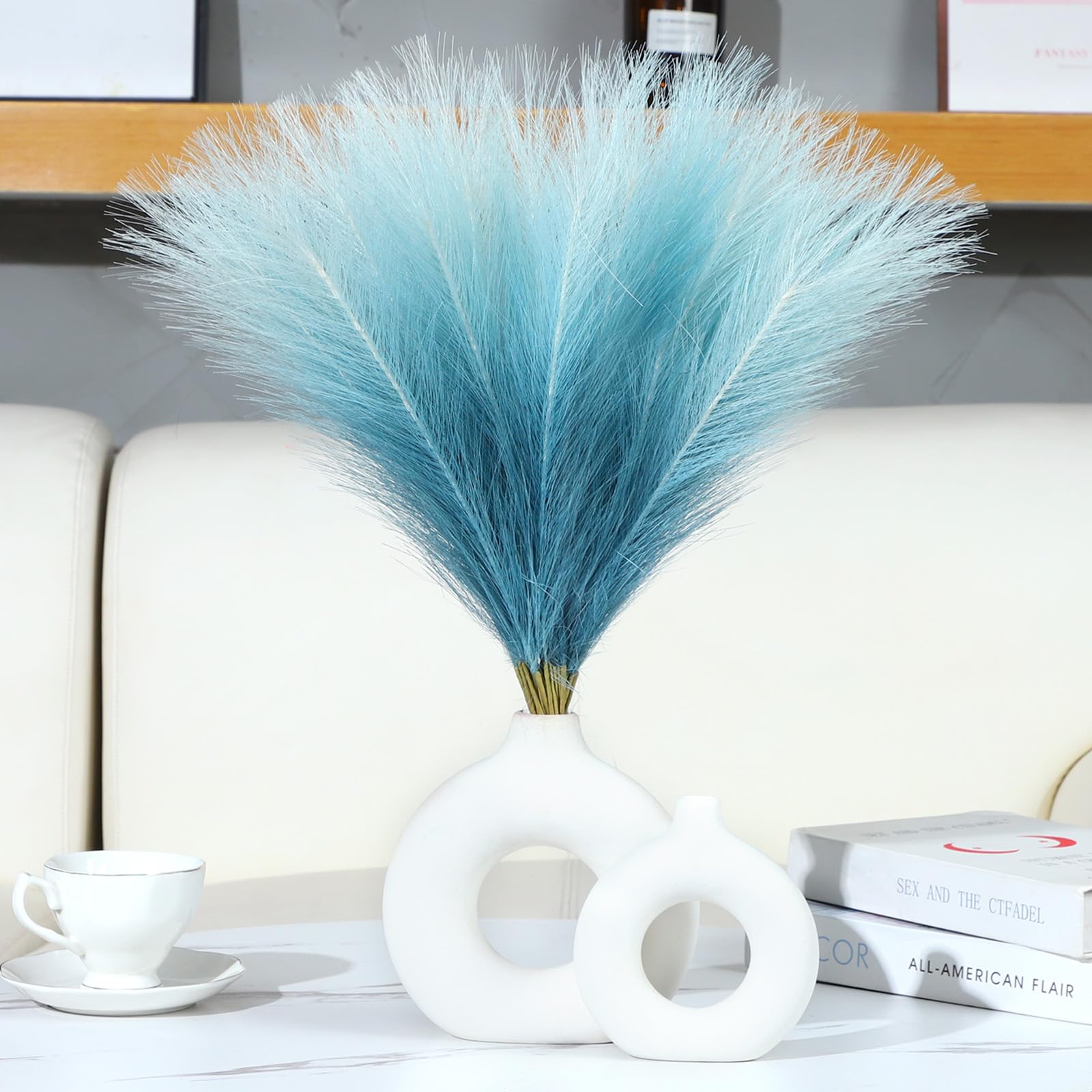Ureymx Faux Pampasgras Dekor 17,7 Zoll 30 Stück, Pompas Gras Blumenarrangement und Vasenfüller Künstliches Pampasgras Kurz Dekor für Boho Home Hochzeit Dekoration (Farbverlauf Blau)